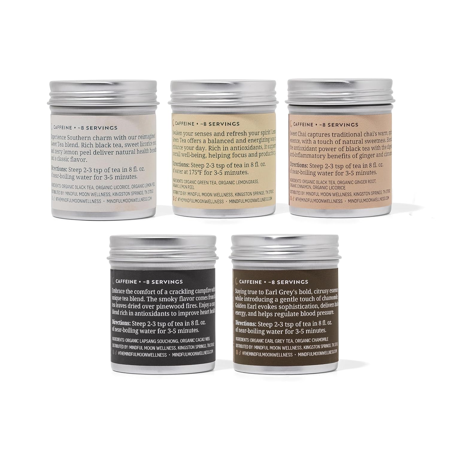 Mindful Moon Loose Leaf Tea Collection – Caffeinated & Uncaffeinated Blends, 5 Premium Mini Teas for Wellness & Relaxation (Caffeinated)