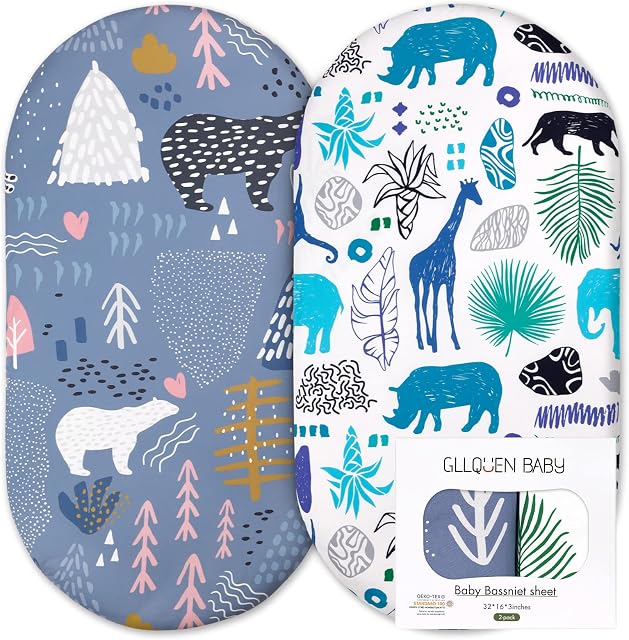 2 Pack of Moses Basket Sheets, 100% Microfiber- Breathable, Cozy and Lightweight Baby Bassinet Sheets for Boy and Girl, Fits All Bassinet Mattress Shapes, Hourglass, Crib Sheets for Oval (Animal)