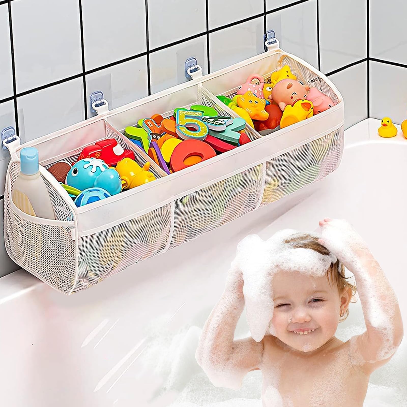 Filet Jouet Bain Bébé - Sac Rangement Jouets Avec 3 Compartiments Organisateur Baignoire