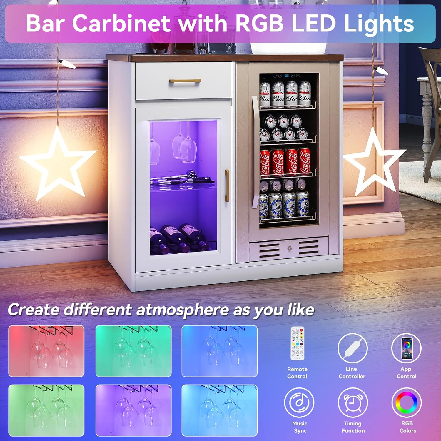 Verano Garden Coffee Bar with Mini Fridge Space, Liquor Cabinet with LED Light & Power Outlet, Coffee Bar Cabinet with Glass Holder, Wine Rack & Drawer, Storage Wine Cabinet for Home, Pub (White)