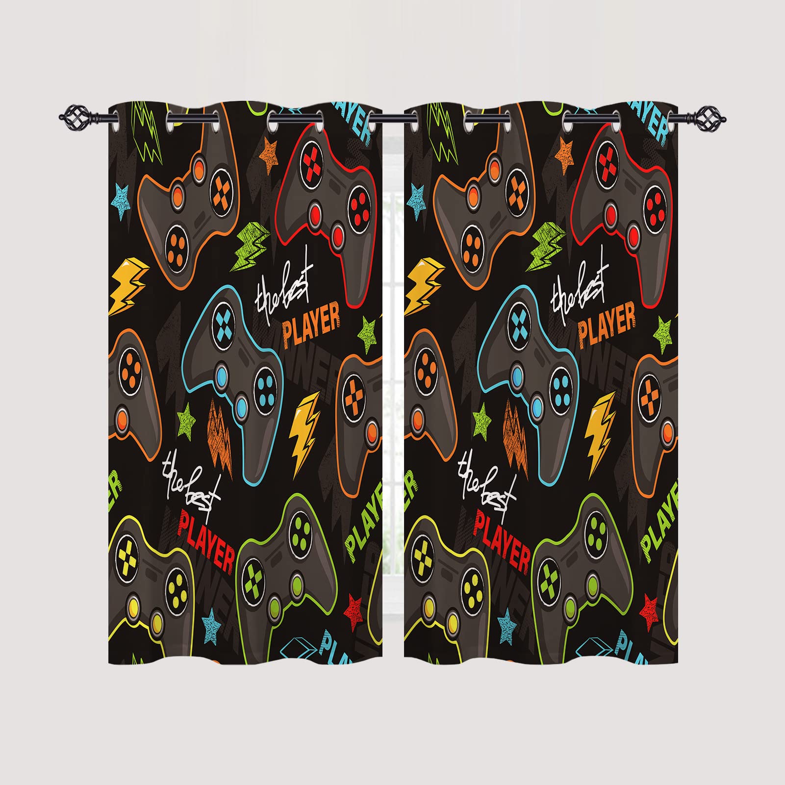 ANHOPE Gamer Curtains Grommet Blackout Room Darkening Curtains Gaming Theme Video Game Gamepad Print Pattern Thermal Insulated Window Drapes for Kids Boys Bedroom Living Room 2 Panels 29.5 x 63 Inch