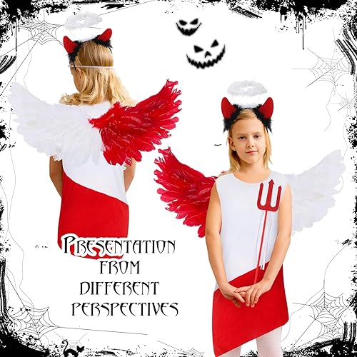 Miniatura 5 de Ramede Juego de 4 piezas de disfraz de ángel diablo de Halloween para niñas, disfraz de adolescente rojo y blanco, incluye alas de vestido, diadema,