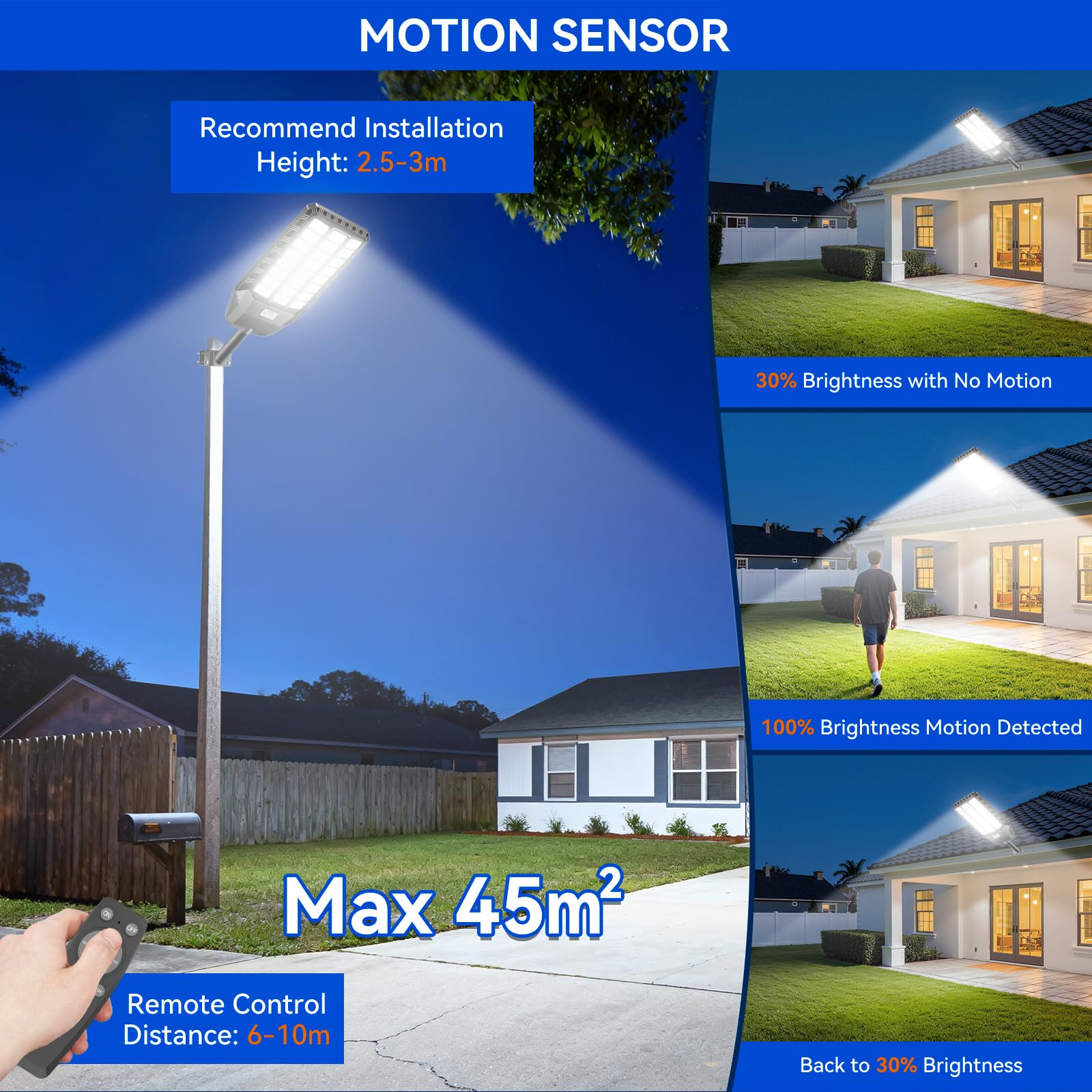 Lampione solare da 2000 W con telecomando, faretto solare per esterni con sensore di movimento e IP66, 6500 K, luce solare a LED per cortile, terrazzo, giardino