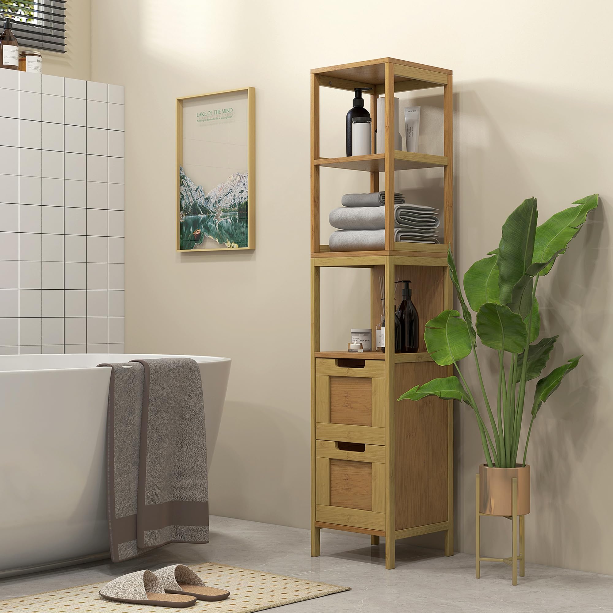 kleankin Armario de Baño Alto, Columna de Baño Estrecha con 3 Estantes y 2 Cajones de Bambú, Estilo Moderno, 30x30x144,3 cm, Natural