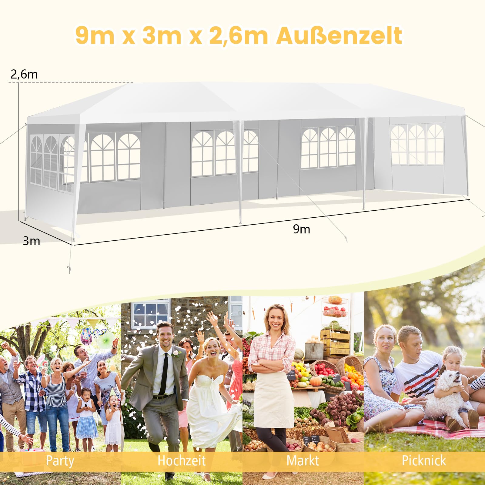 COSTWAY Pawilon ogrodowy, 3 x 9 m, namiot imprezowy z 5 zdejmowanymi ściankami bocznymi, namiot piwny, ochrona przed promieniowaniem UV, składany pawilon