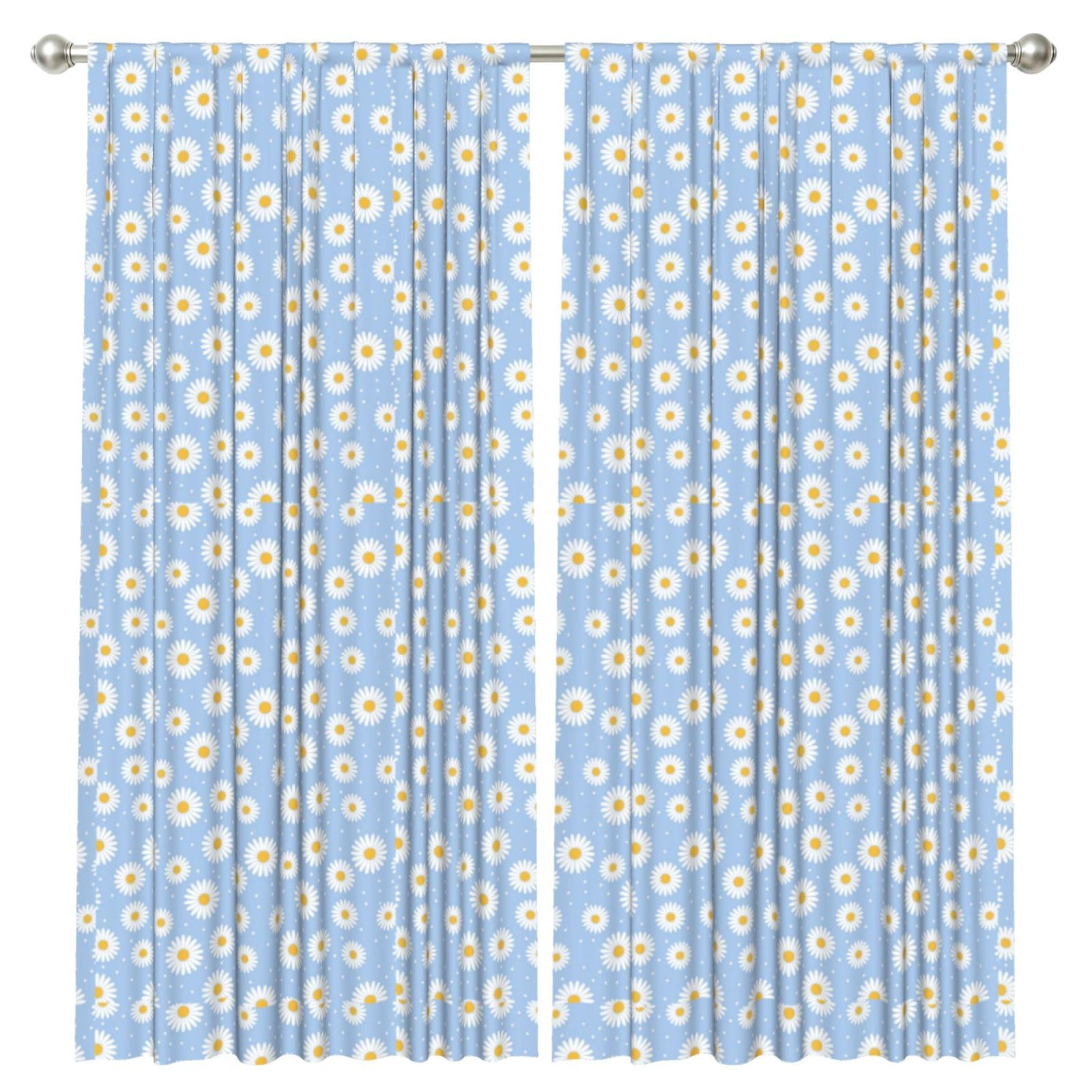 InOmak Daisies On A Blue, 2 Panels Window Curtains 52 x 84 Inch Blackout Curtains for Living Room Bedroom