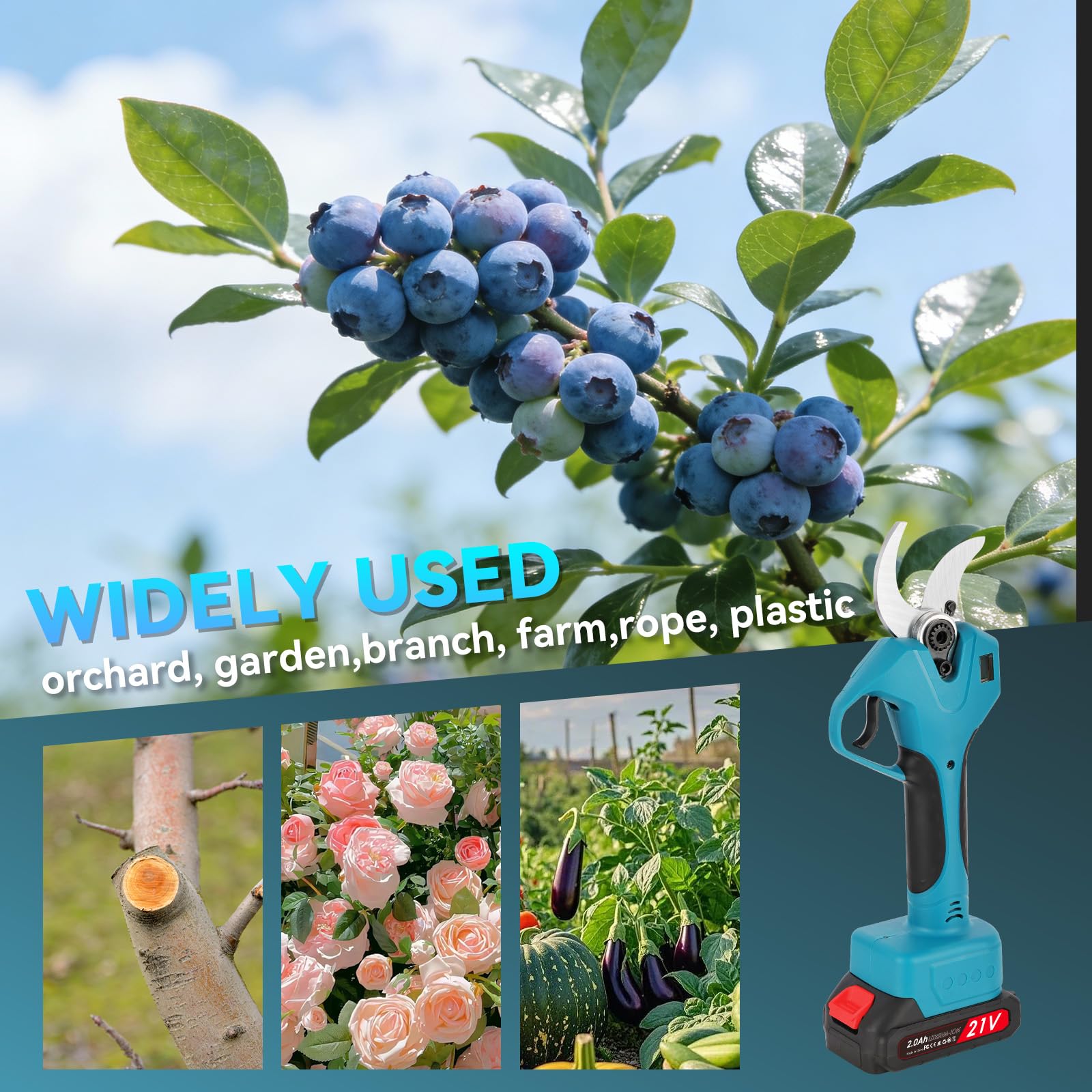 Tijeras de Podar Batería 40 mm con Pantalla y 2 Baterías 2.0Ah | Motor sin escobillas con corte preciso, ideal para árboles, viñedos y mantenimiento de zonas verdes