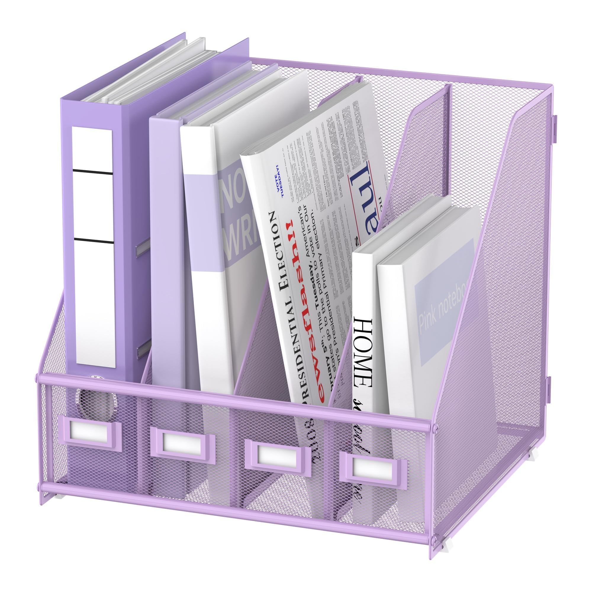 SUPEASY Magazin Datei Halter Schreibtisch Organizer, Metall Binder Halter mit 4 vertikalen Fächern für Büro Home School, Lila