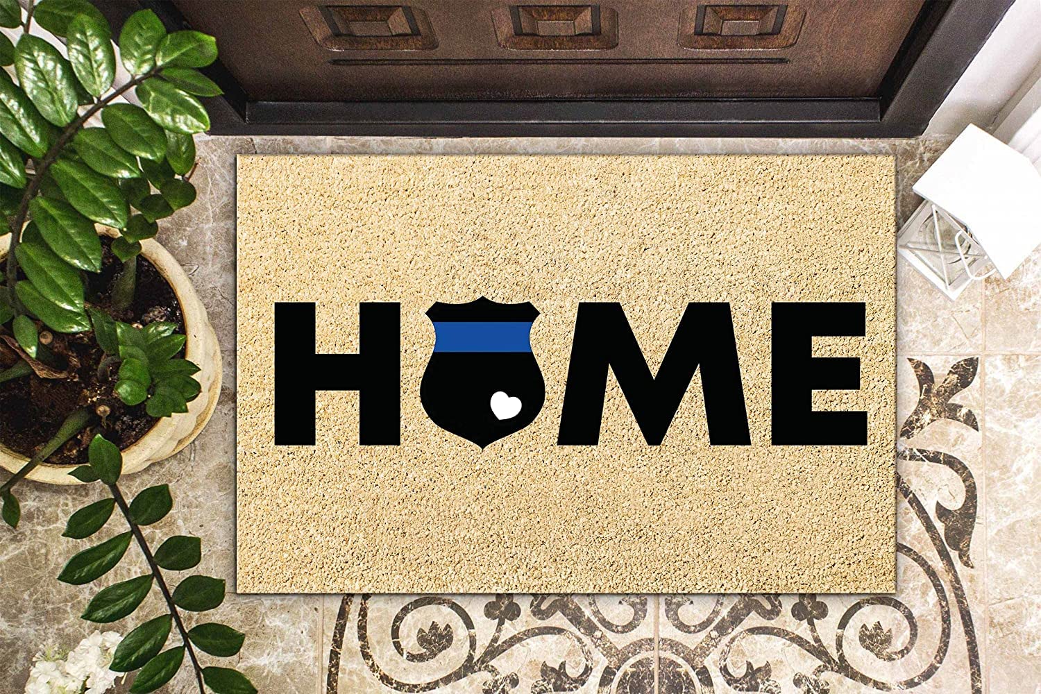 Thin Blue Line Police Shield Welcome Doormat,Home with Shield Doormat Area Rug,Front Door Entrance Decor Outdoor Doormats 30X18 Inch