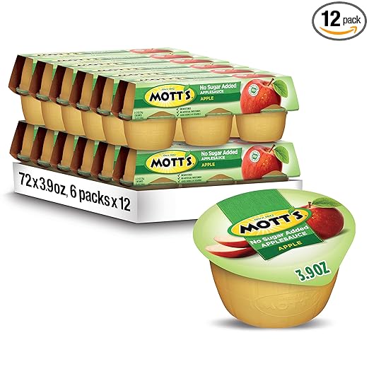Mott's No Sugar Added Applesauce, 3.9 Oz Cups, 72 Count (12 Packs Of 6), Good Source Of Vitamin C, No Artificial Flavors