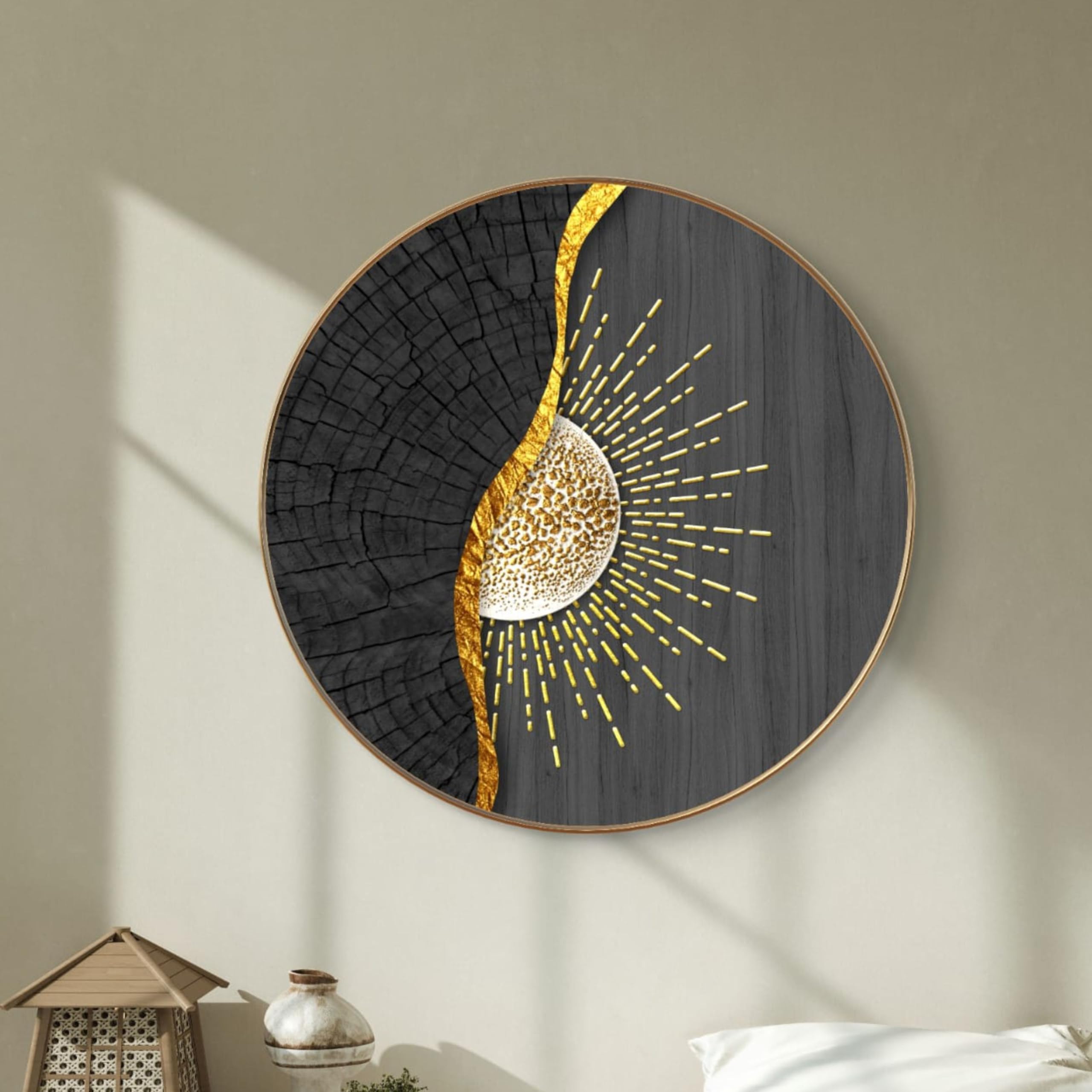 Livin'luxe paintings Abstract sunrise modern art Crystal Embedded High Gloss Mirror Finished Surface Golden Slim Frame 58 cm x 58 cm Large Size, For Home/Office/Hotel painting GR-18