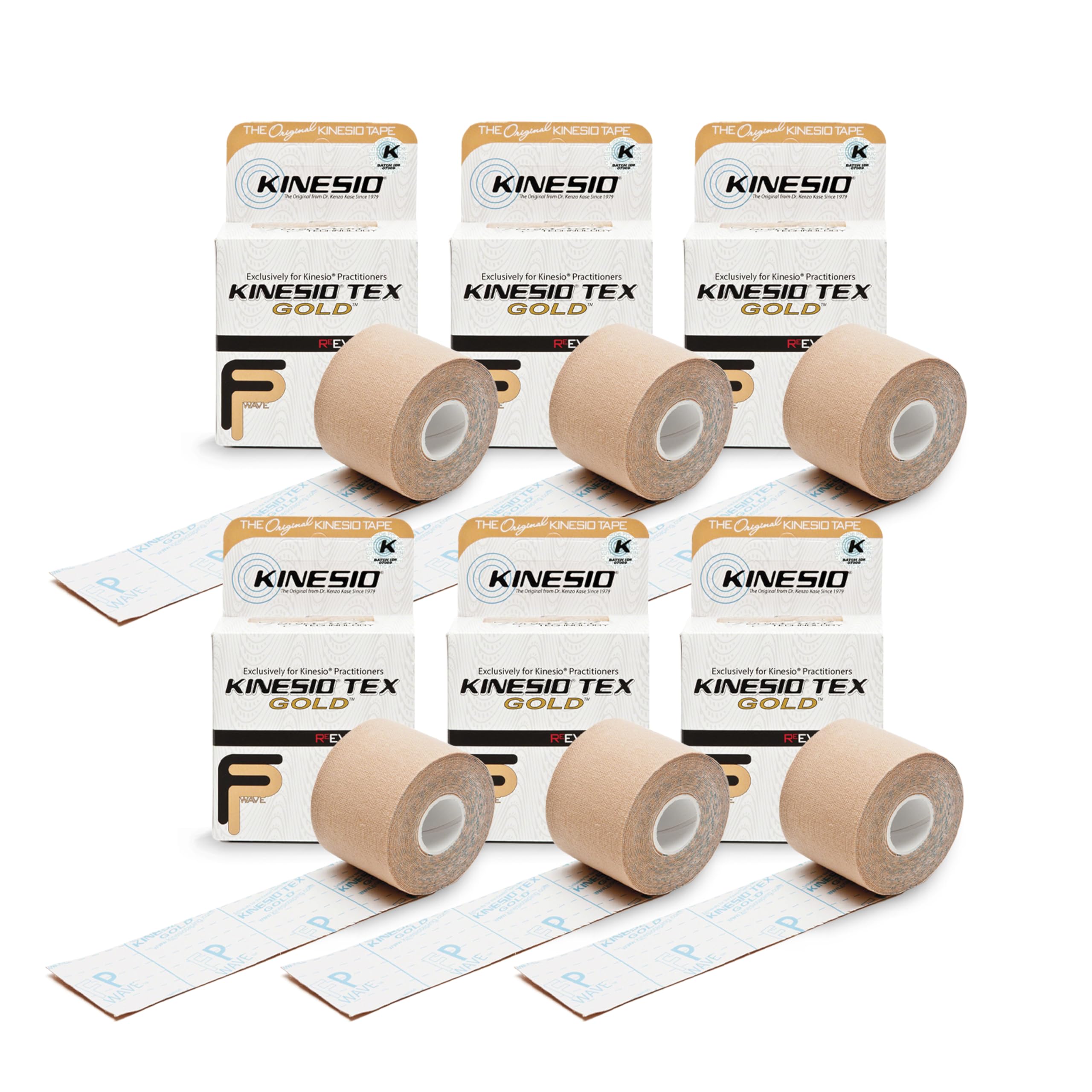 KinesioTaping - Elastic Therapeutic Athletic Tape Tex Gold FP - Beige – 2 in. x 16.4 ft - 6 Pack