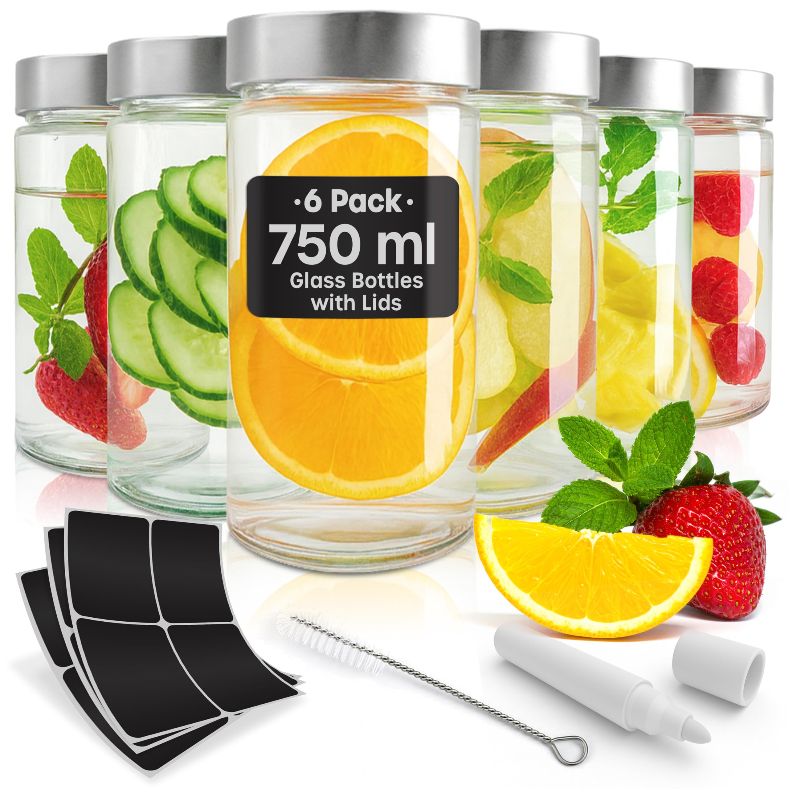 Glass Mason Jars with Lids 750ml - 6 Pack, Leakproof Glass Bottles with Lids for Airtight Seal, Drinking Bottle Ideal for Smoothies, Milkshakes, Sauces, Food Storage, Juices, Beverages, Infused Water