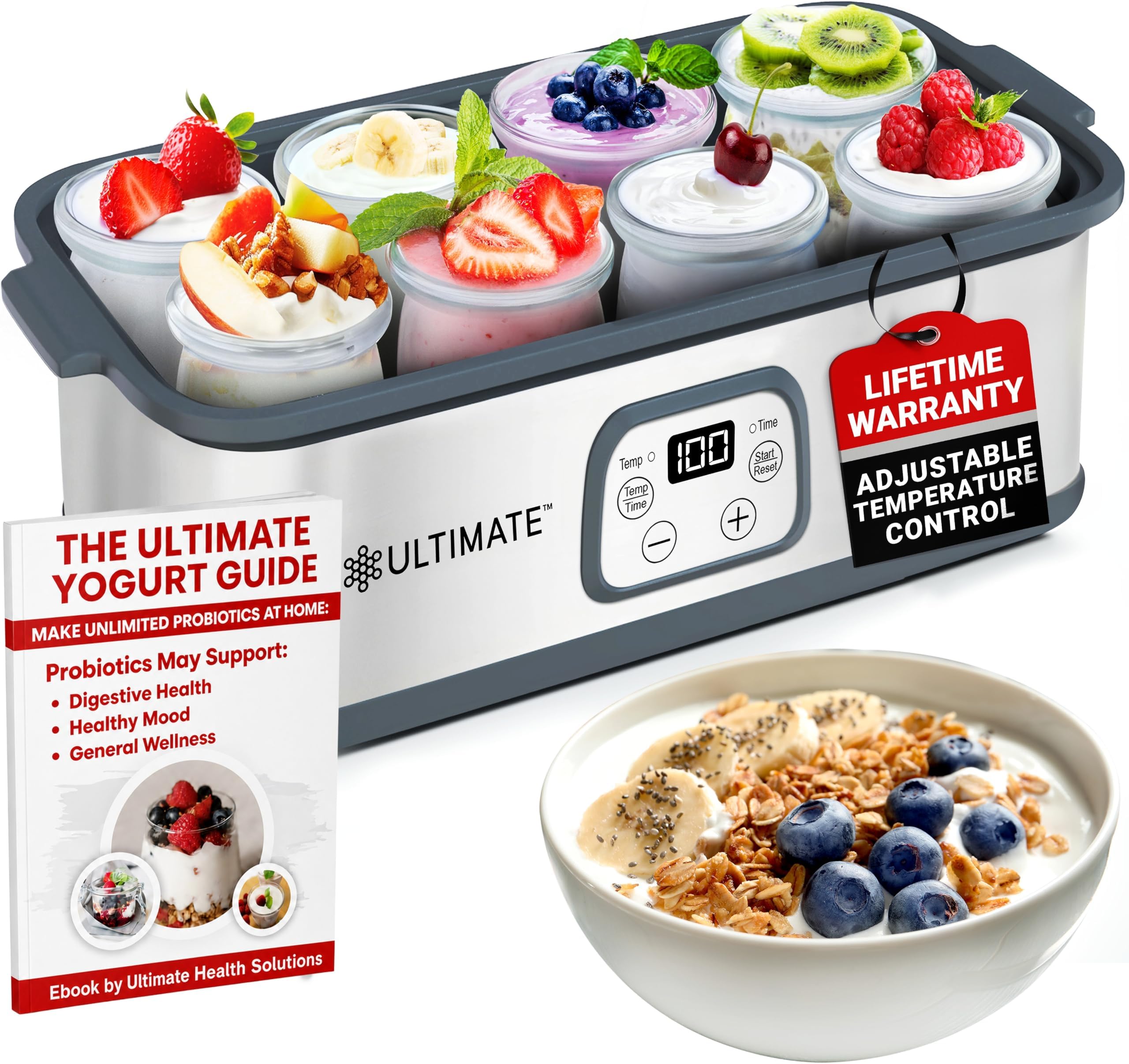 Ultimate Probiotic Yogurt Maker for Easy-to-Make Live Probiotics at Home with Adjustable Time & Temp Control, Best Kitchen Gift for Men & Women's Gut Health, UNLIMITED LIFETIME WARRANTY (8-Jar Model)