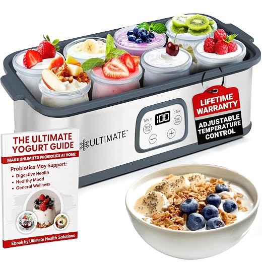 Ultimate Probiotic Yogurt Maker for Easy-to-Make Live Probiotics at Home with Adjustable Time & Temp Control, Best Kitchen Gift for Men & Women's Gut Health, UNLIMITED LIFETIME WARRANTY (8-Jar Model)