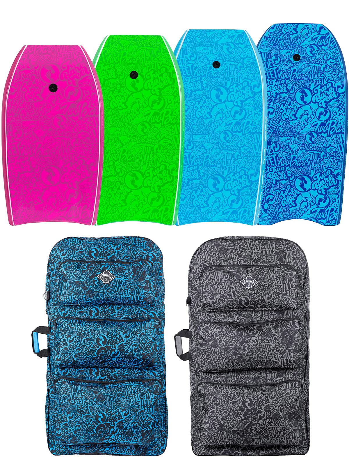 Two Bare Feet Classic Pattern Triple Bodyboard and Boardbag Package - 33" 37" 41" 42" 44" Bodyboards for Adults & Kids (42" Aqua + 44" Blue + 44" Raspberry + 44" Blue Bag)