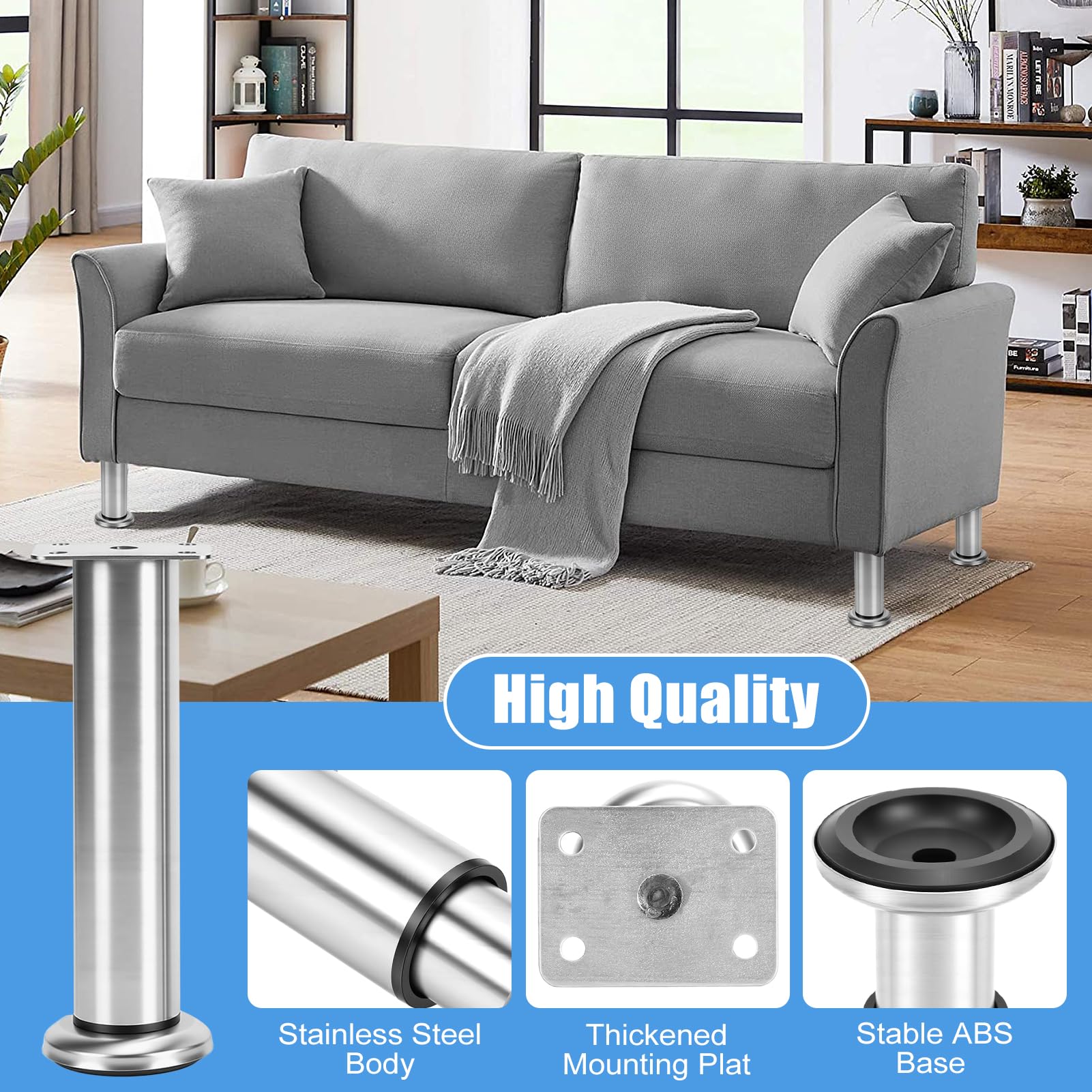 Lot de 4 Pieds de Meuble Reglable en Acier Inoxydable, Pieds de Table Pied de Lit, Pieds Meuble Salle de Bain, Pieds de Meubles pour Meuble TV, Canapé, Chaise, Salle de Bain (18-30CM)