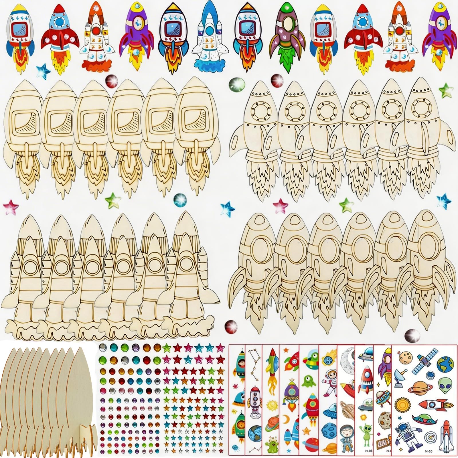 Juego de manualidades de madera con cohete, 34 piezas de madera de cohete, 202 diamantes de imitación y 2 pegatinas, 5 juguetes de cohete diferentes, juego de manualidades de madera para pintar y