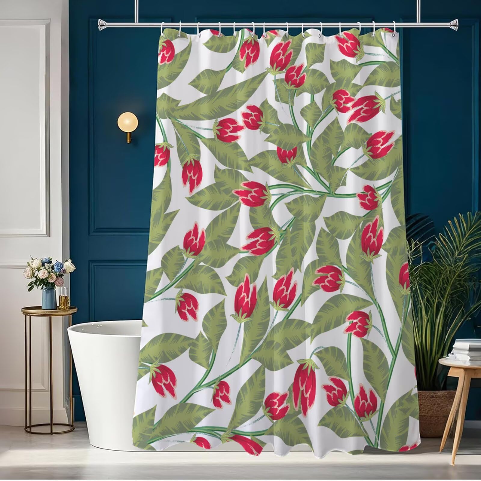Duschvorhang 240x200 cm Anti Schimmel - Grün Design - Wasserdicht & Waschbar Schnelltrocknender Polyester Stoff - Inkl. 12 Ringe und Gewicht Shower Curtain für Badezimmer Dusche Badewanne, Weiß J8-449