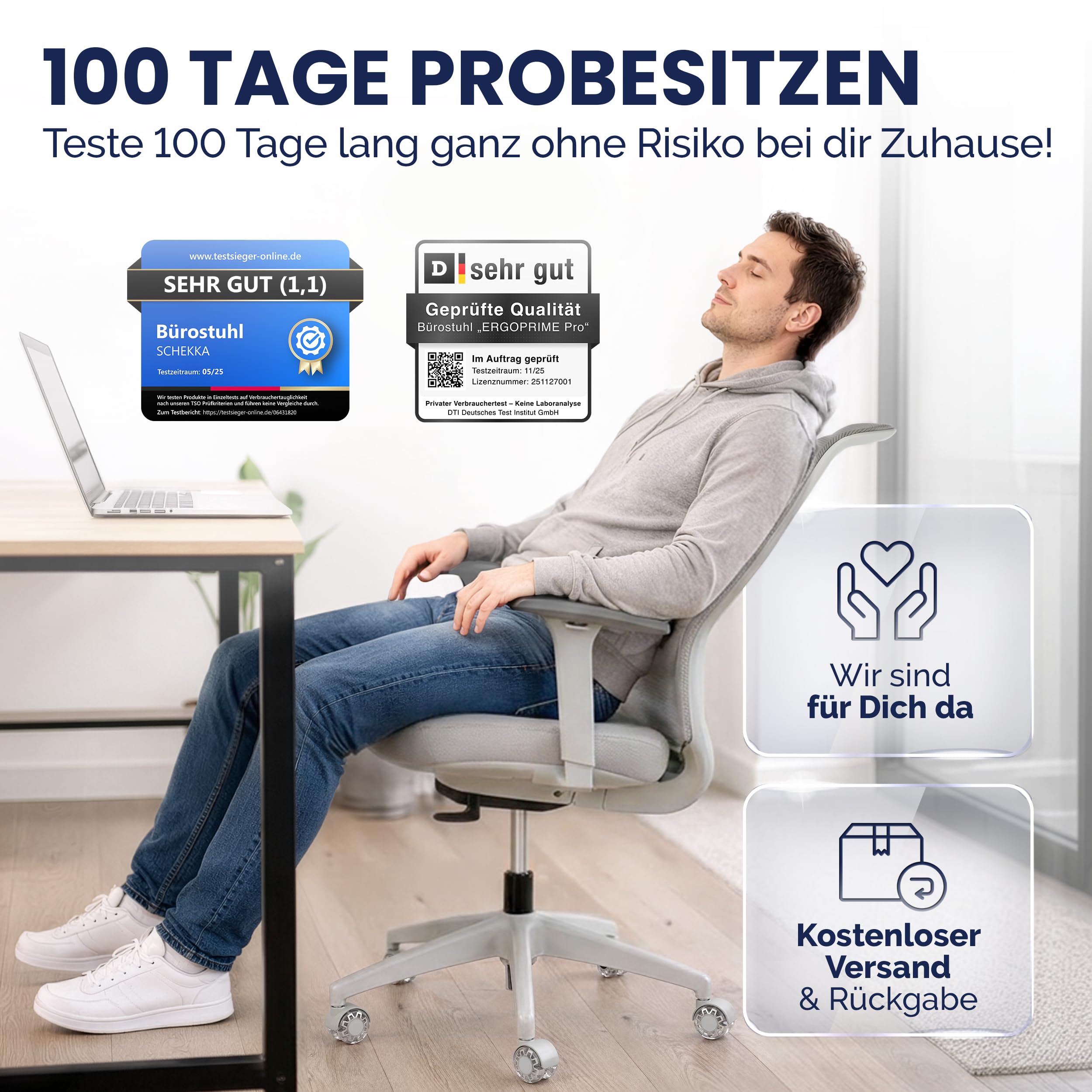 ErgoPrime PRO Bürostuhl ergonomisch TESTSIEGER - IGR Zertifiziert - Schreibtischstuhl 100% individuell einstellbar - Home Office Chair Drehstuhl - Bürostuhl 150 kg Grau