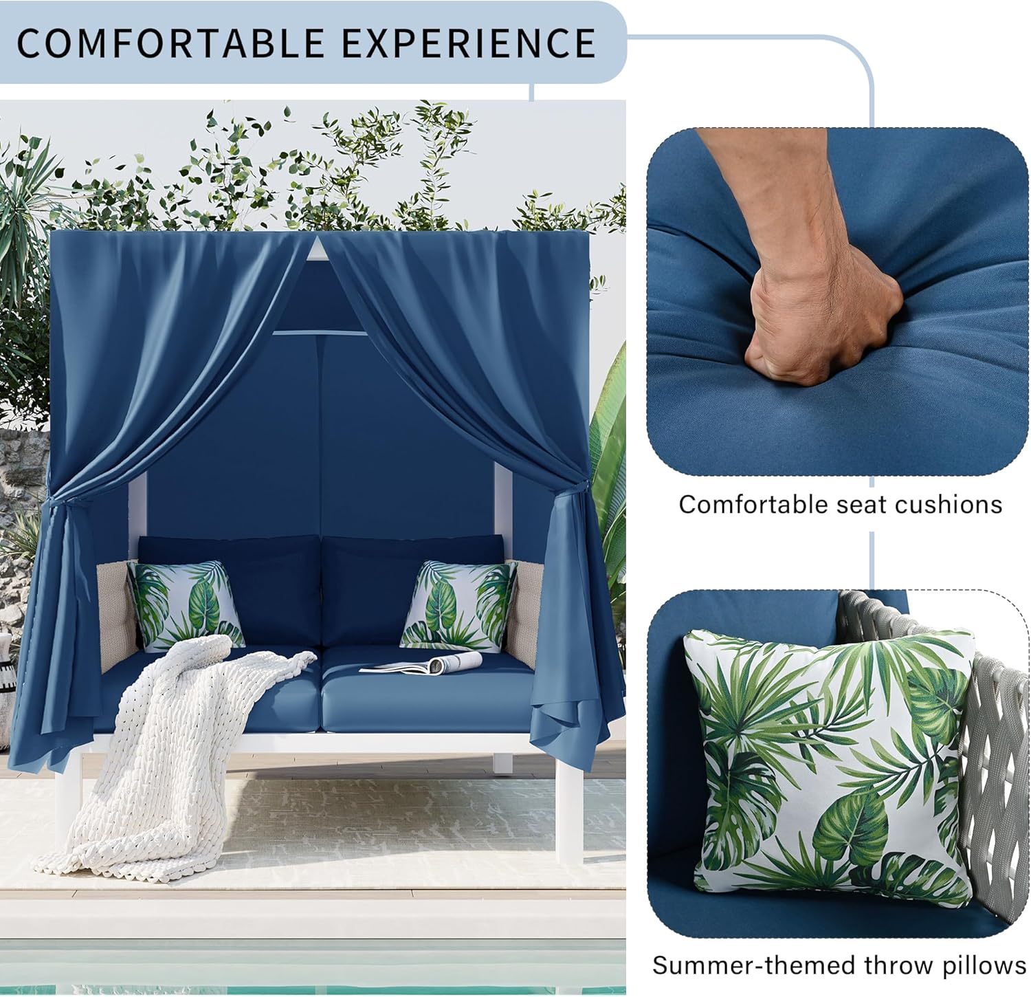 Merax Outdoor Patio Sunbed with Curtains and Soft Thick Cushions, Double Chaise Lounge Daybed with Rubber Core Rope Backrest and Comfy Pillows for Outside Pool, Garden, Backyard, Lawn, Blue