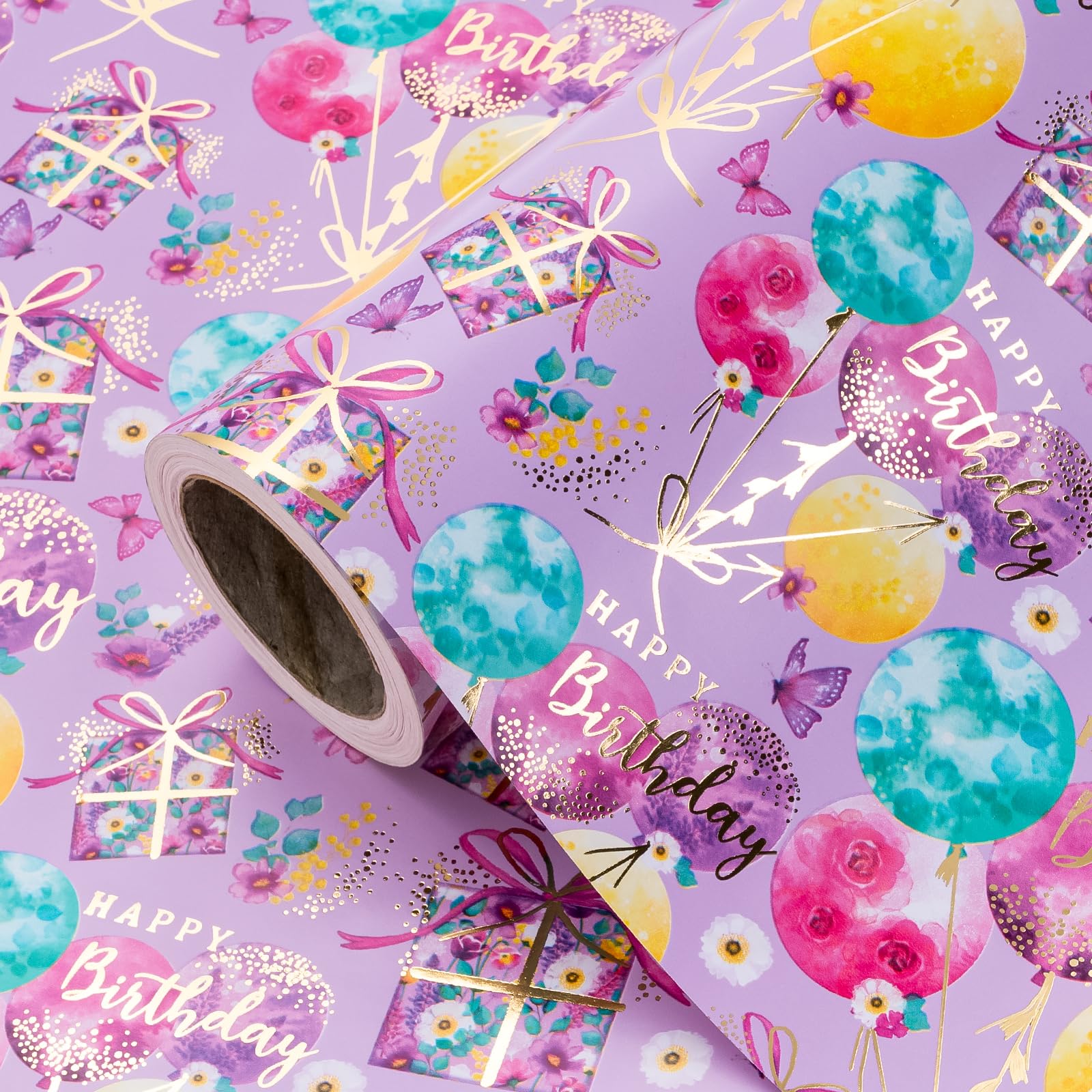 RUSPEPA Purple Birthday Wrapping Paper - 43.2cm x 5m - Gold Foil Fantasy Purple Happy Birthday Design for Girls, Women, Kids, Wedding, Bridal Shower โ image 1