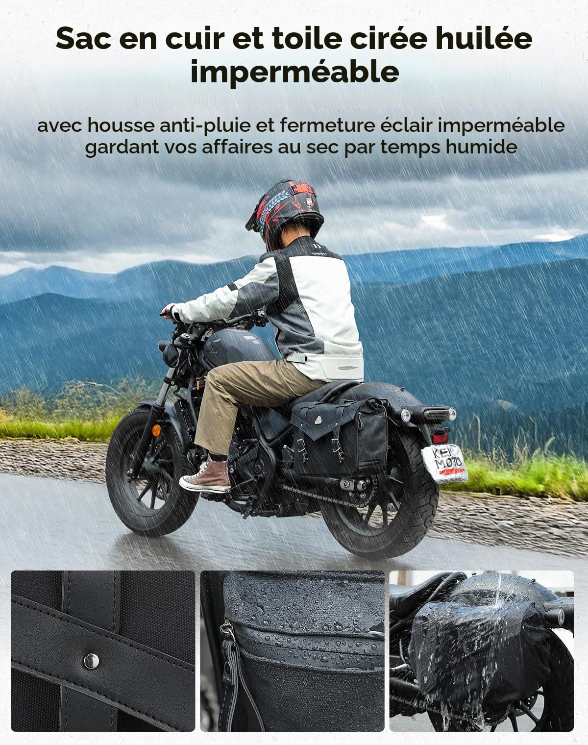 KEMIMOTO Sac de Selle de Moto, 15L Sacoche Latérale Moto Universelle en Toile Cirée et Cuir, Sacoche Étanche pour Softail, Dyna, Sportster et Cruiser