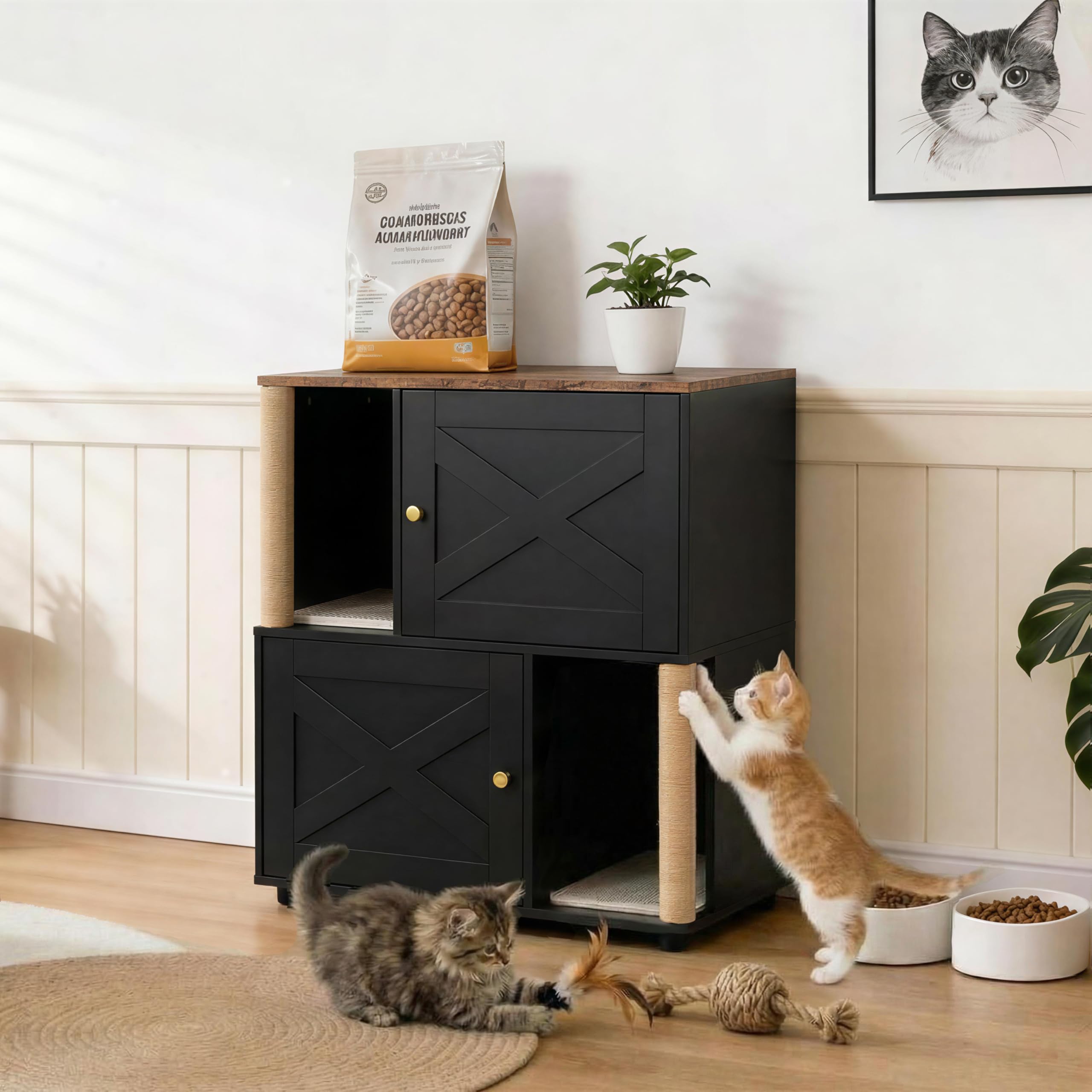 Lidzopas Cat Litter Box Enclosure for 2 Cats, 2 Tier Cat Washroom Wooden Cat House Side End Table with Scratching Posts, for Living Room Bedroom, 80x50x88cm