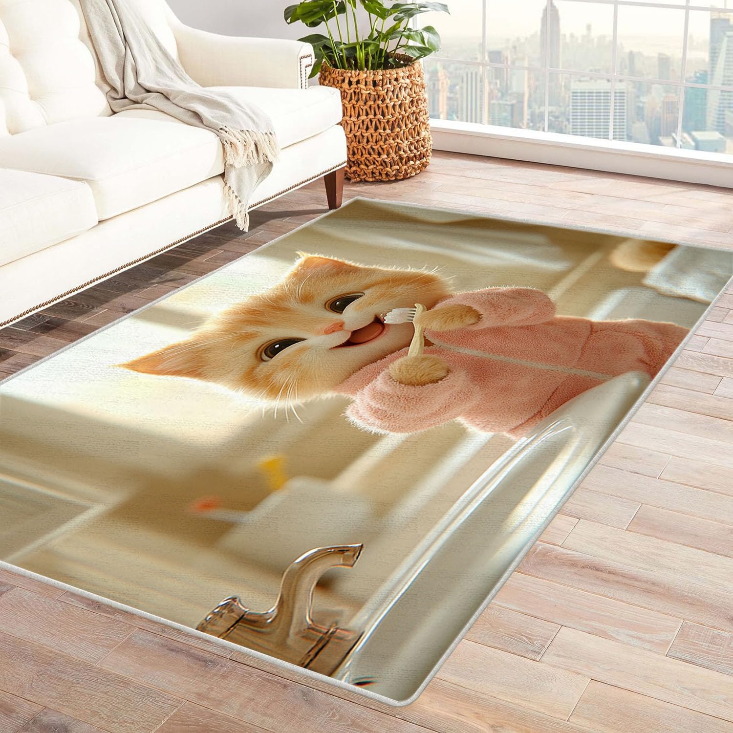 Tapis poils ras beige 60x90 cm anti-glisse et facile à aspirer