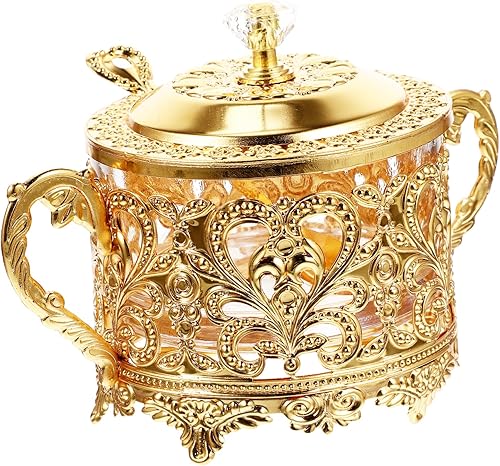 Tarro de especias de hierro dorado con tapa, recipiente de condimentos de vidrio vintage para cocina del hogar y fiestas, perfecto para aperitivos y