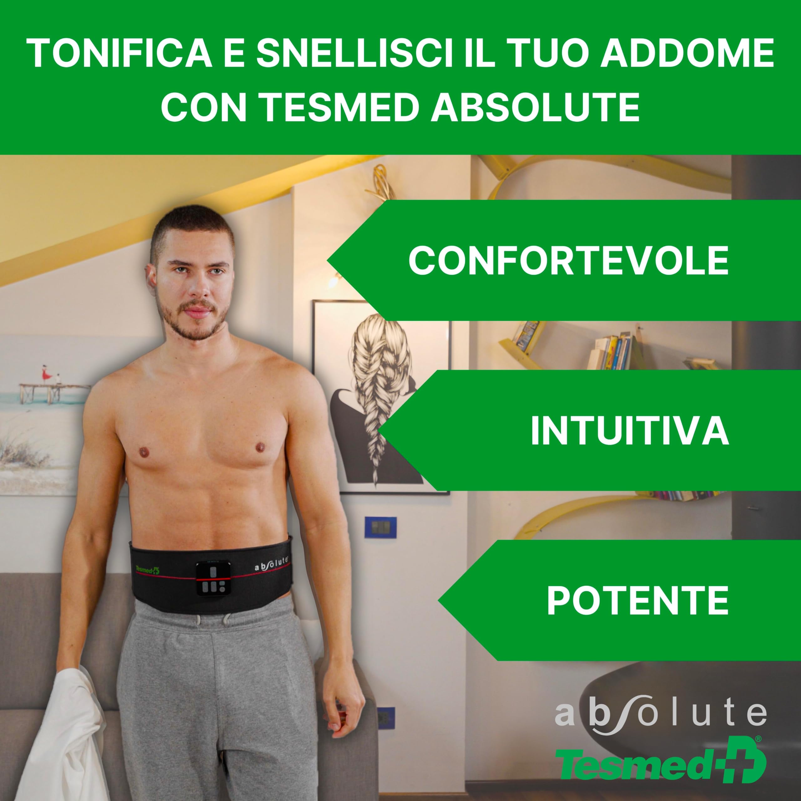 TESMED Absolute: Cintura Addominale EMS, Elettrostimolatore per Addominali Centrali e Laterali – Ricaricabile, 99 Intensità – Allenamento e Tonificazione Muscolare – Made in Italy