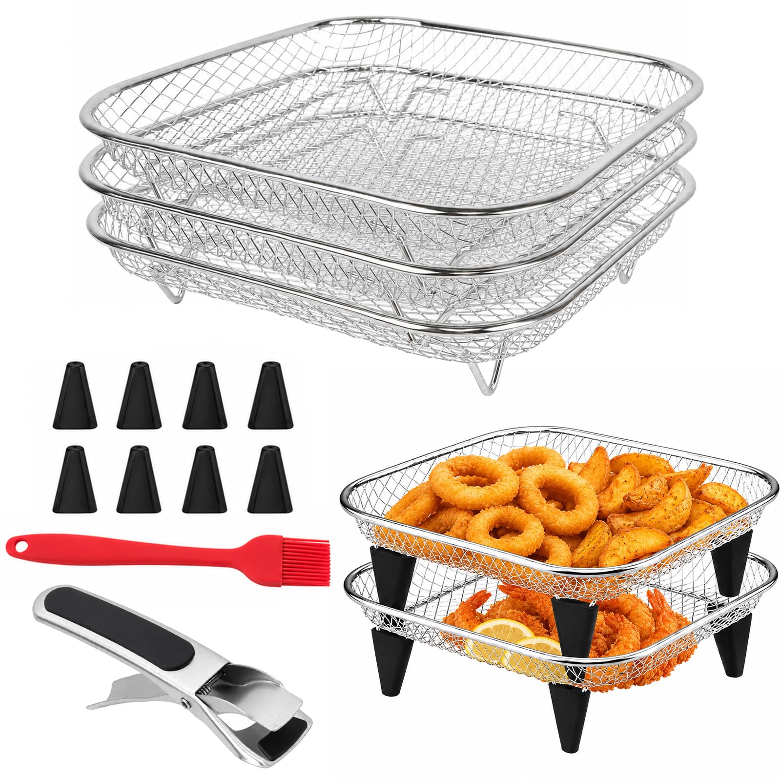 Air Fryer Accessories, 3 Set Air Fryer Racks with Silicone Feet Clip Basting Brush Rectangular Air Fryer Basket Stackable Square Air Fryer Grilling Rack for Baking Roasting, Dishwasher