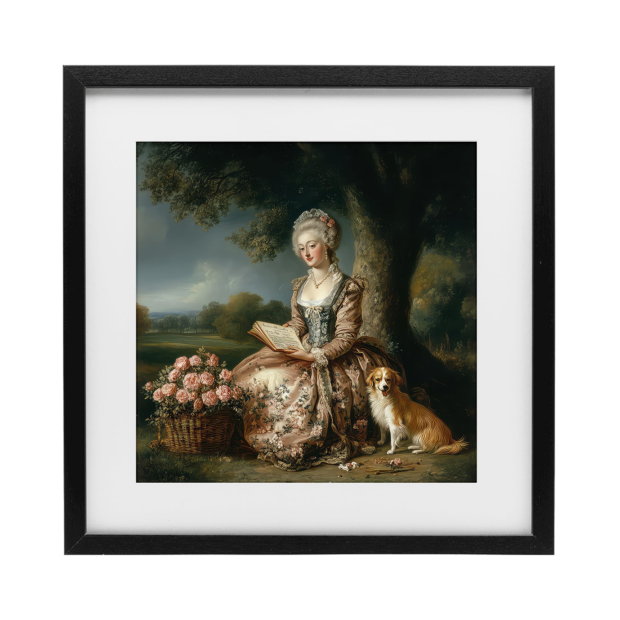 Stupell Industries Midnight Black (Textured) 'Rococo Woman With Dog'| Framed Print Under Glass