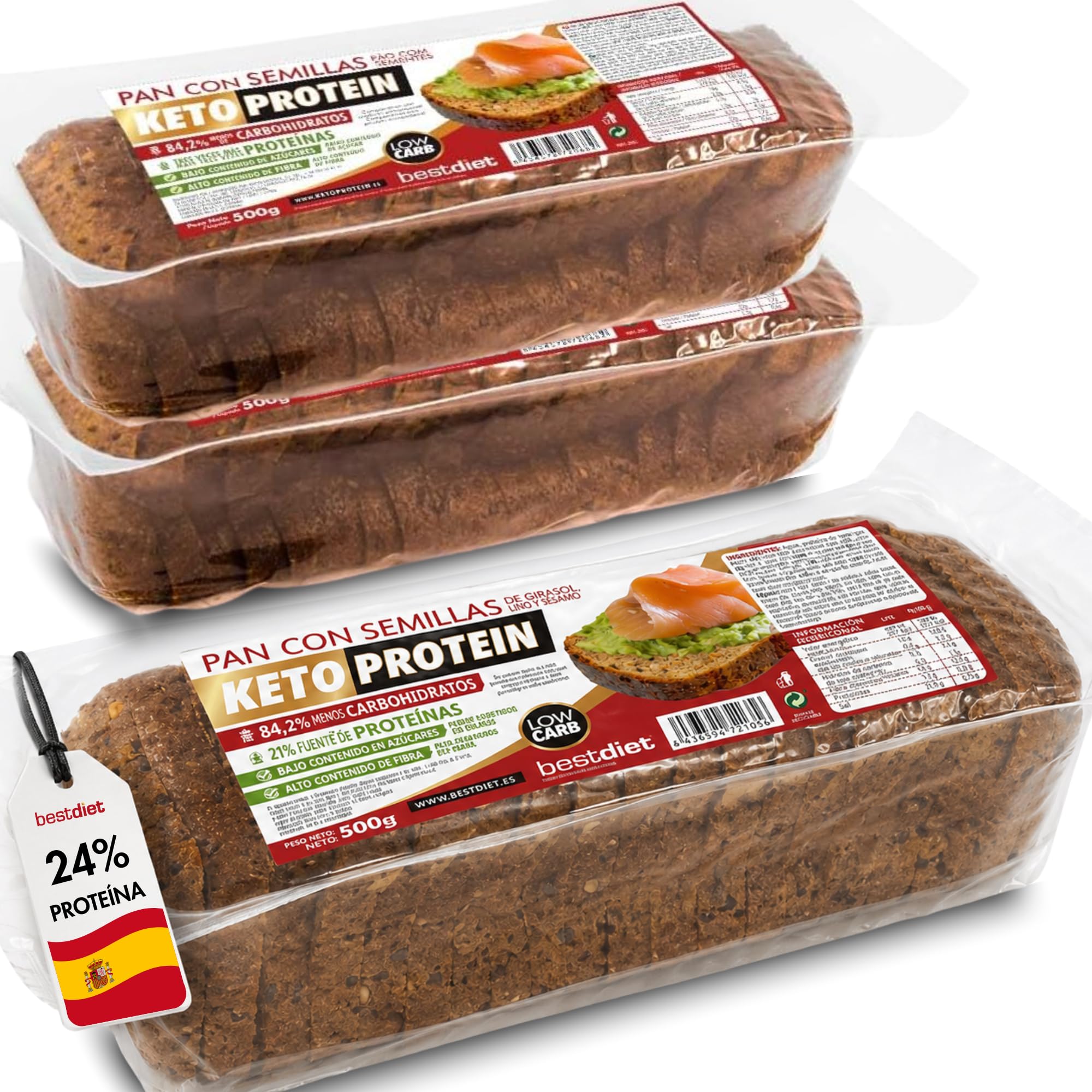 Keto Protein Bestdiet - Pain Protéiné Céto, sans sucre | Riche en fibres et en protéines | Pain aux graines | Peut être congelé | Lot de 3 pains de 500 g