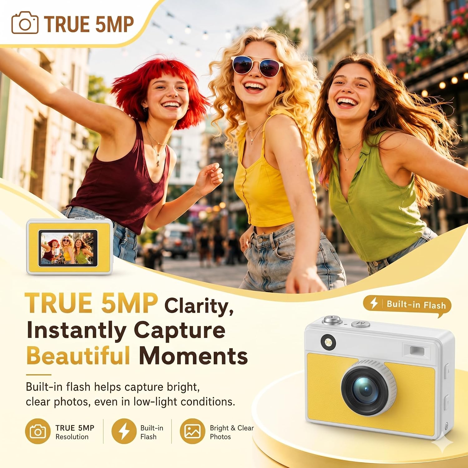 Mini Keychain Camera 2K 5MP, 1.47" Screen, Colorful Y2K 16GB White | 2K video,5MP sensor,vintage retro design,rechargeable battery,ultra-portable for travel party everyday carry