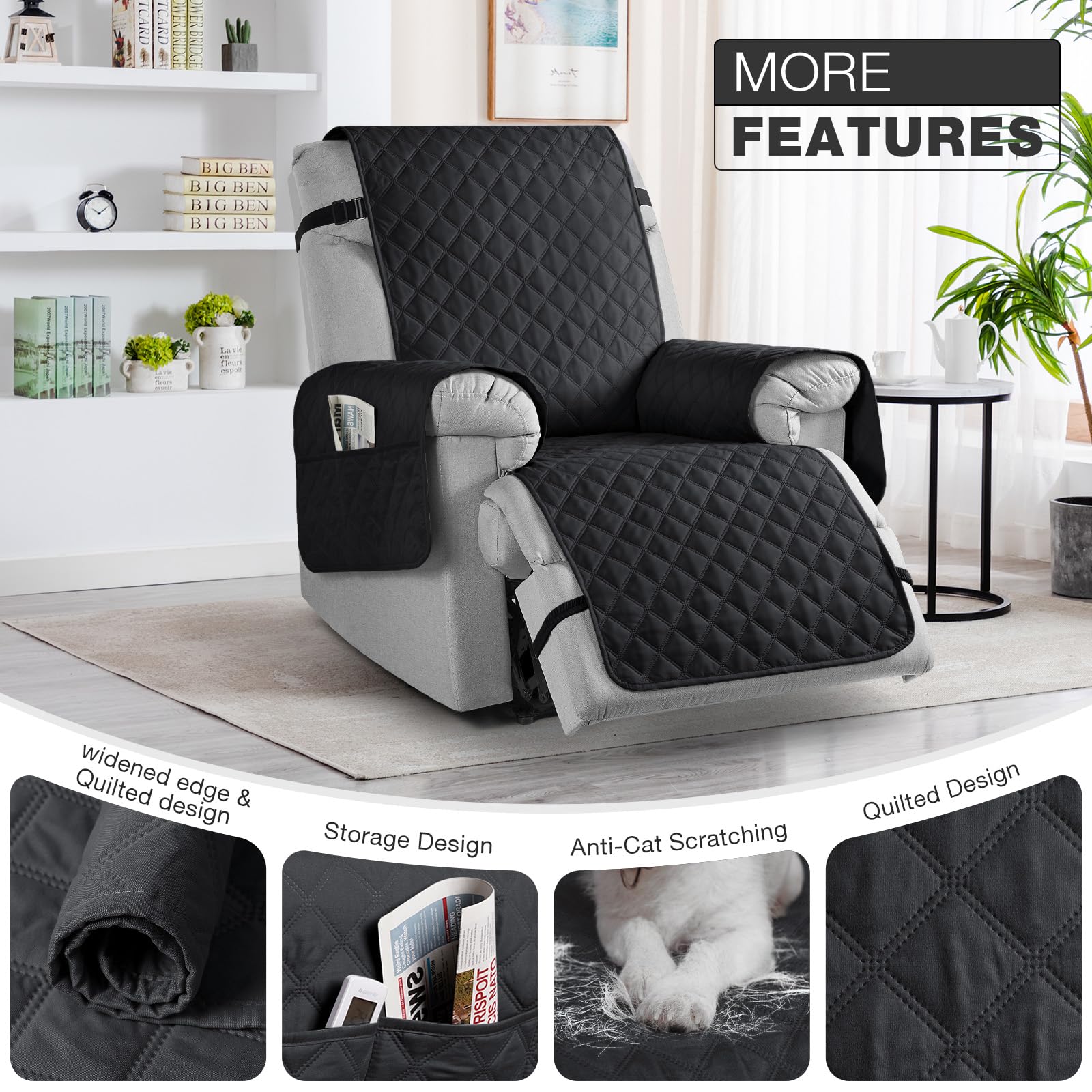 TAOCOCO Non-Slip Recliner Chair Cover Sofa Slipcover, Pet Cover for Large Recliner with Elastic Straps, Washable Chair Seat Cover Recliner Chair Furniture Protector (28'' Oversized, Black)