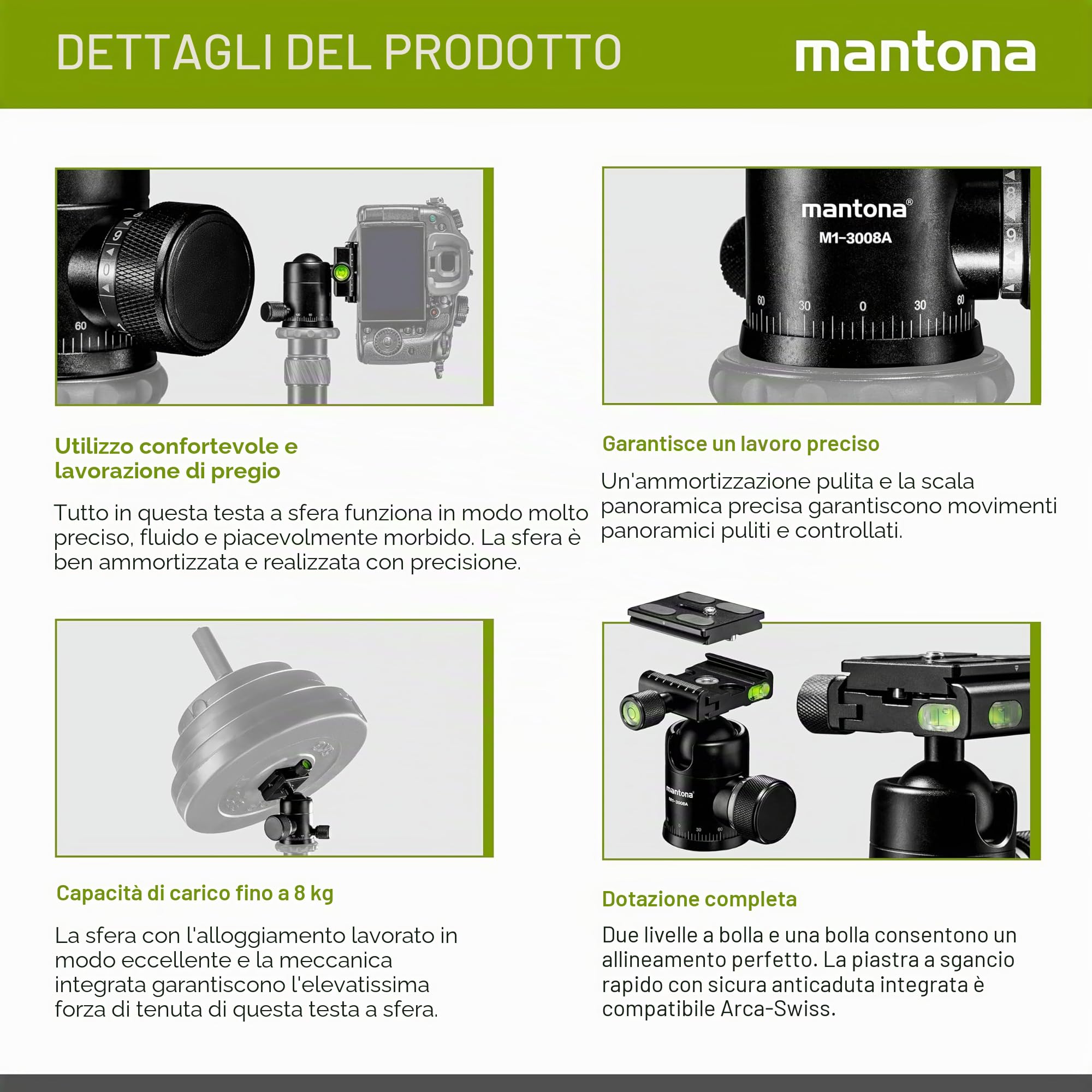 Mantona Onyx 8 Kugelkopf (M1-3008A) Arca-Swiss kompatible Schnellwechselplatte 50 mm, professionelle Verarbeitung für DSLR, spiegellose Kamera, Systemkamera, Digitalkamera, Camcorder schwarz 21458