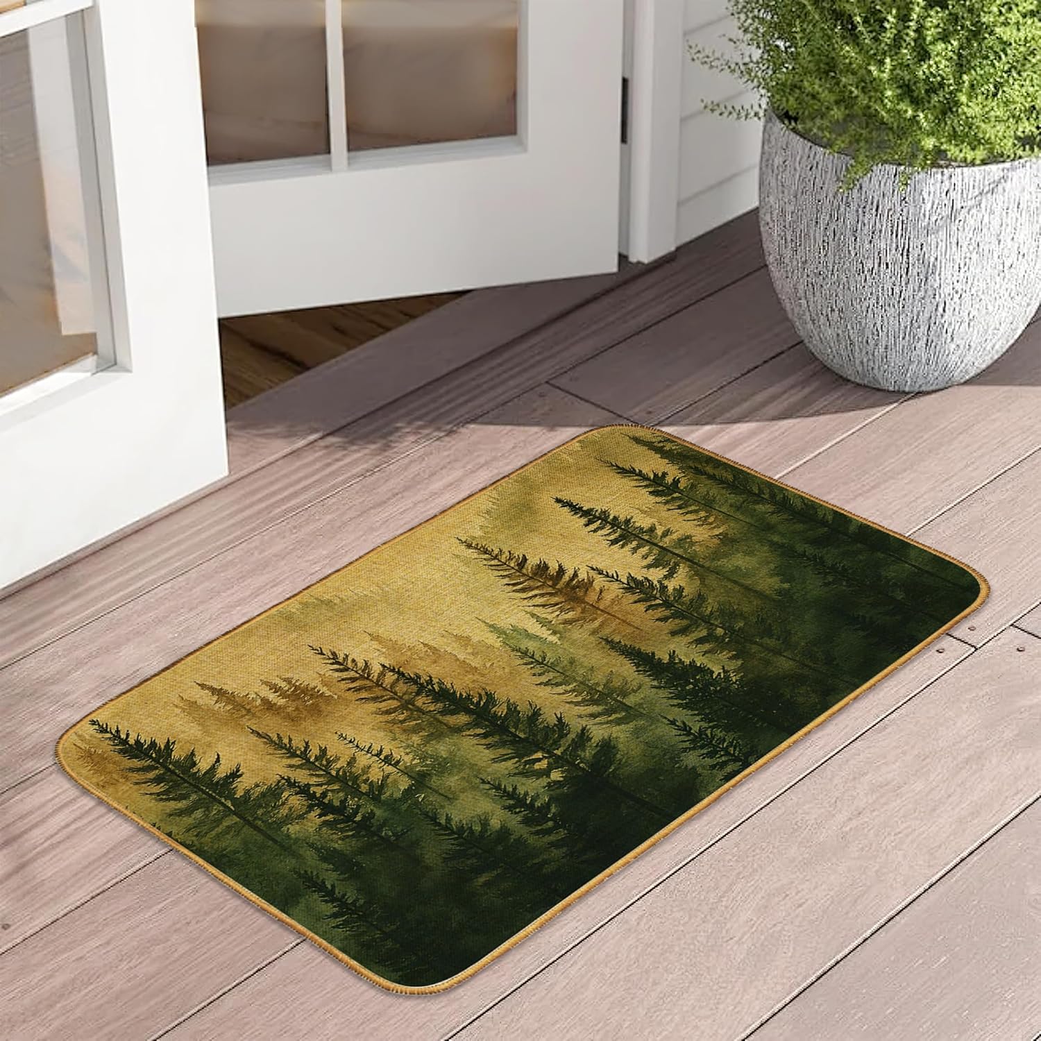 Door Mat Misty Forest Floor Door Mats,Mountain Tree Landscape Washable Doormat for Front Porch Decor,Linen Welcome Mats Indoor Outdoor Rug for Farmhouse/Entryway/Home Entrance/Patio