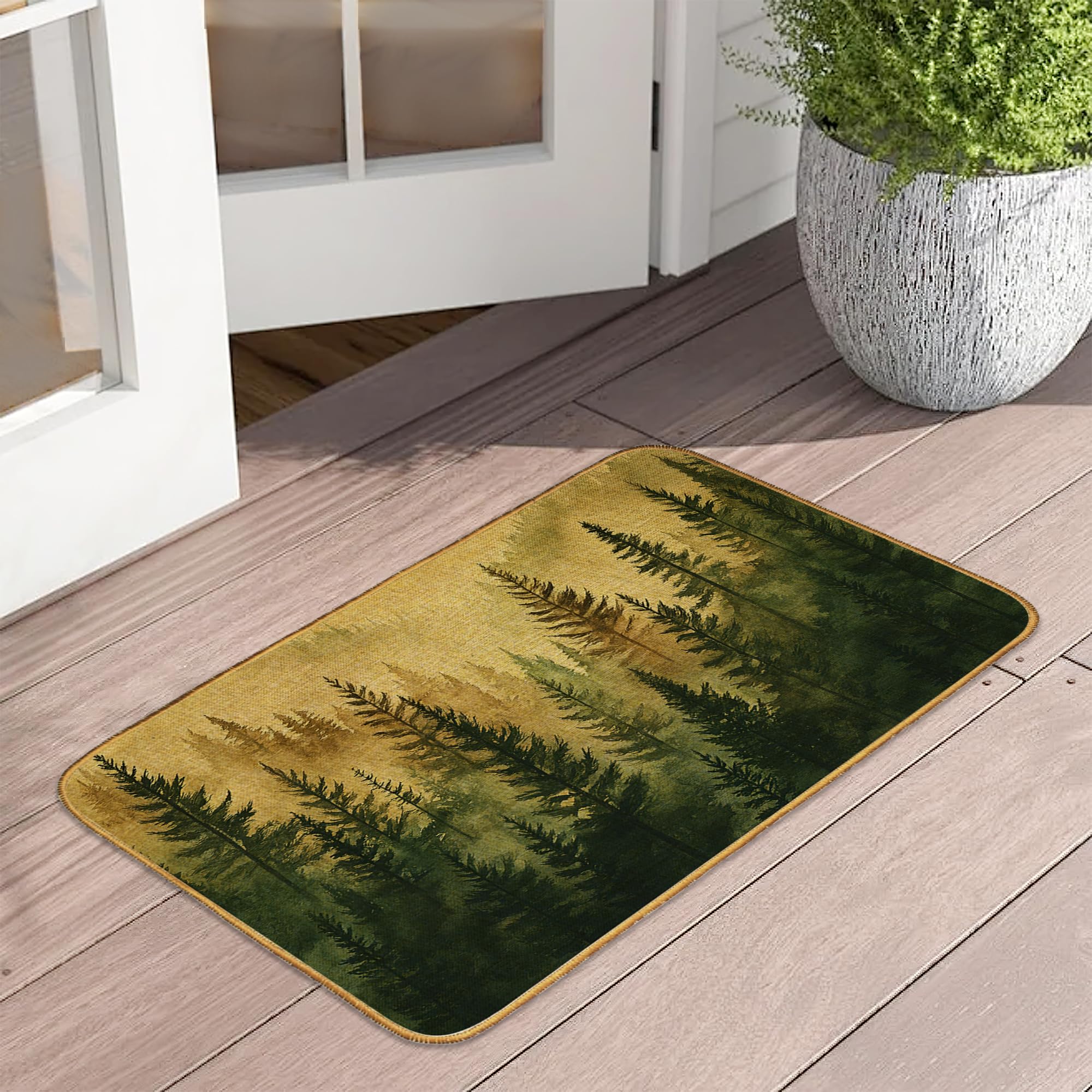 Door Mat Misty Forest Floor Door Mats,Mountain Tree Landscape Washable Doormat for Front Porch Decor,Linen Welcome Mats Indoor Outdoor Rug for