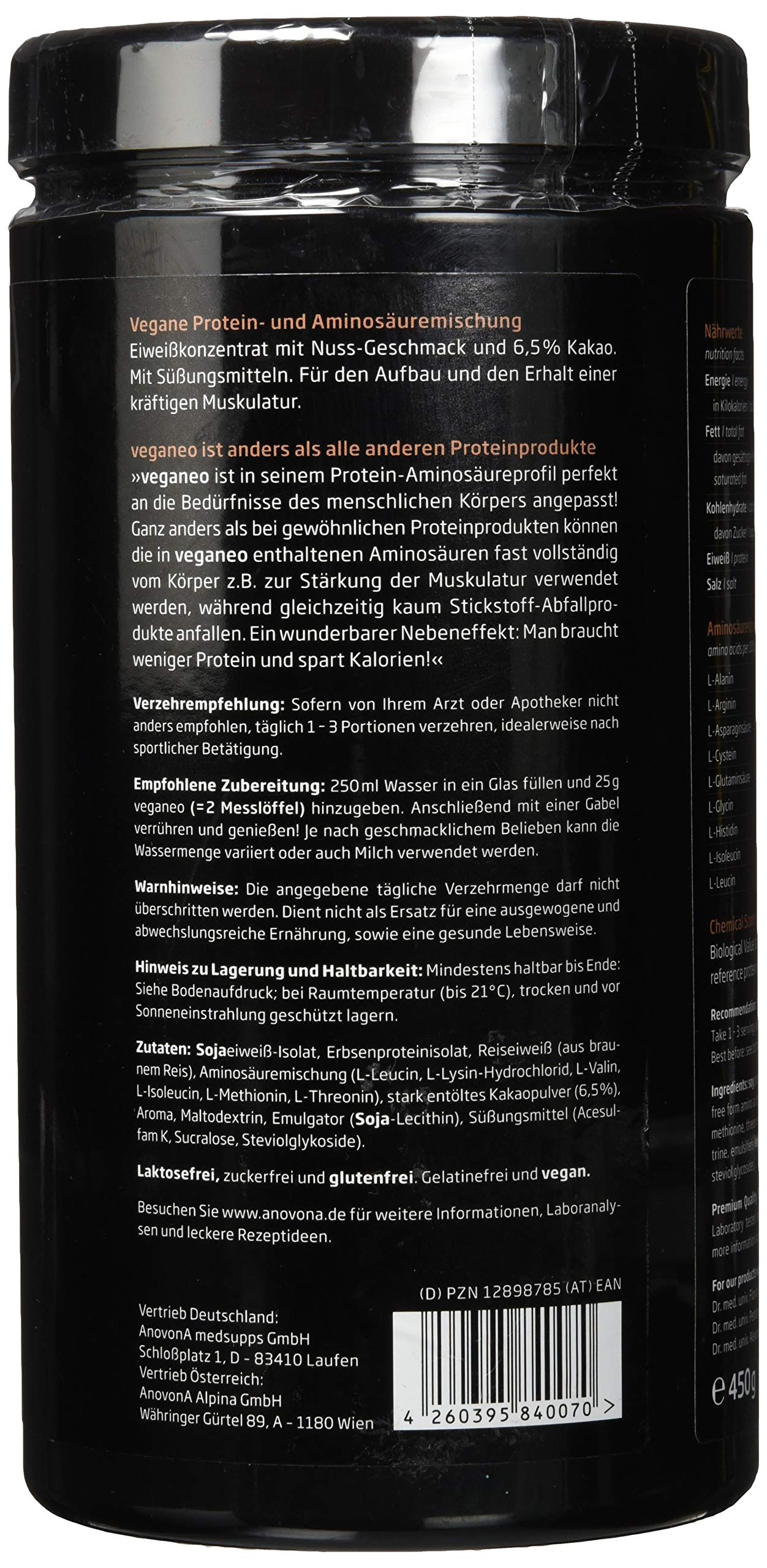 AnovonA veganeo veganes Proteinpulver Schoko Nuss - Protein Pulver mit EAAs & BCAAs | Made in Germany | Proteinpulver vegan aus Erbsen-, Reis- & Soja-Protein-Isolat | zucker- und laktosefrei | 450g