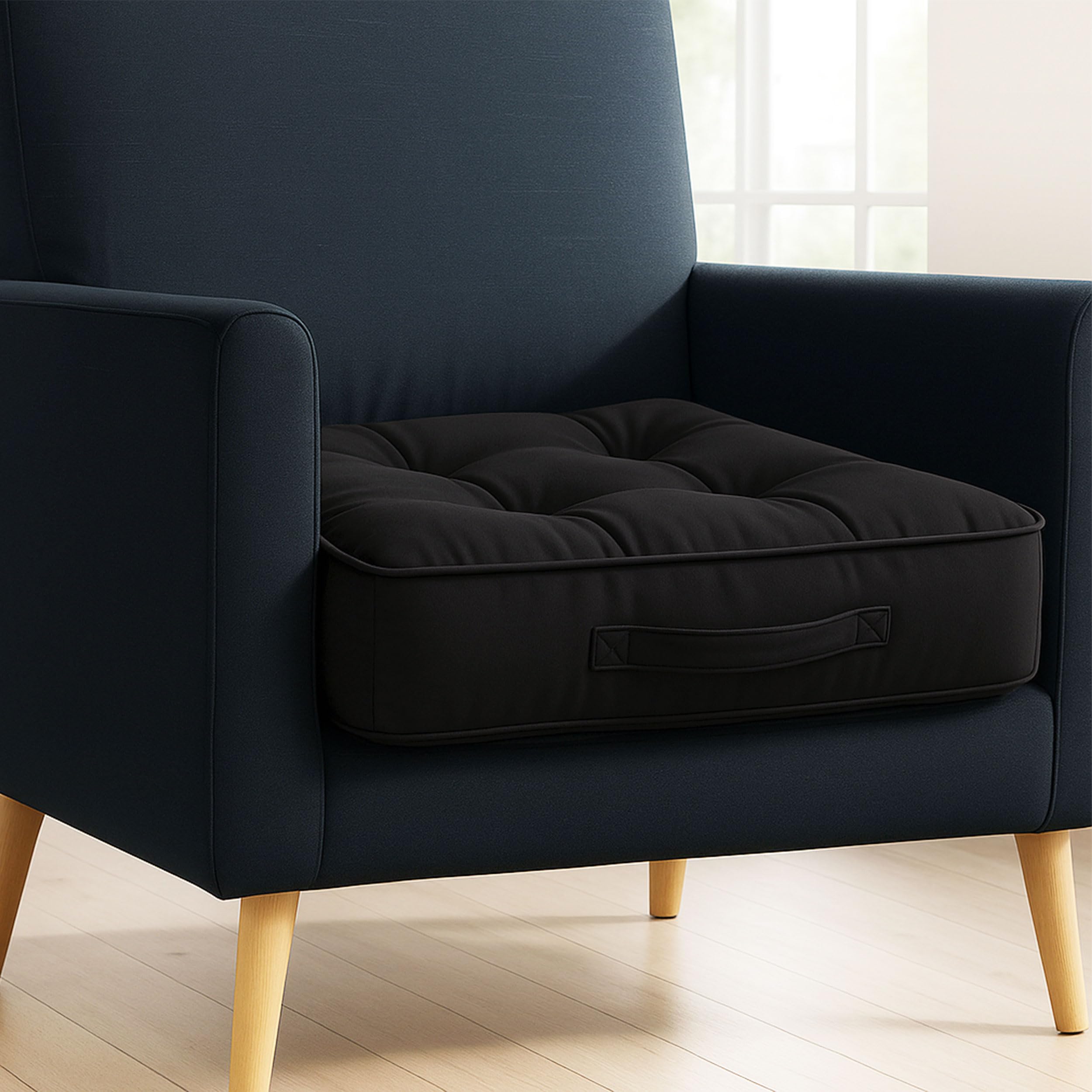 Vapinity Black Armchair Booster Cushion Pad | 50X50x10cm Large Velvet Firm Seat Cushions | For Office Chair Dining Sofa & Floor Cushion | Soft Cotton Filling For Pregnancy Elderly & Home Comfort