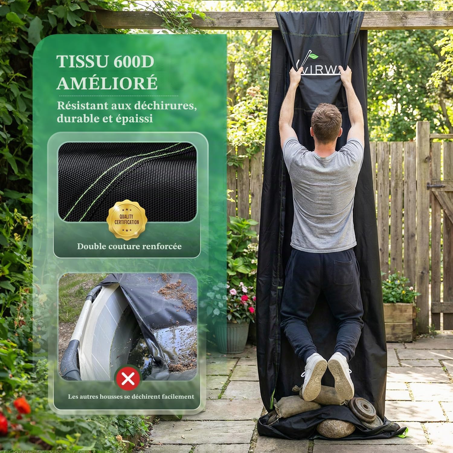 Uirway Bâche de piscine ronde 600D de 3,7 m améliorée pour piscine hors sol, bâche solaire avec cordon de serrage réfléchissant coupe-vent à lacets, protection UV, avec sangles antidérapantes