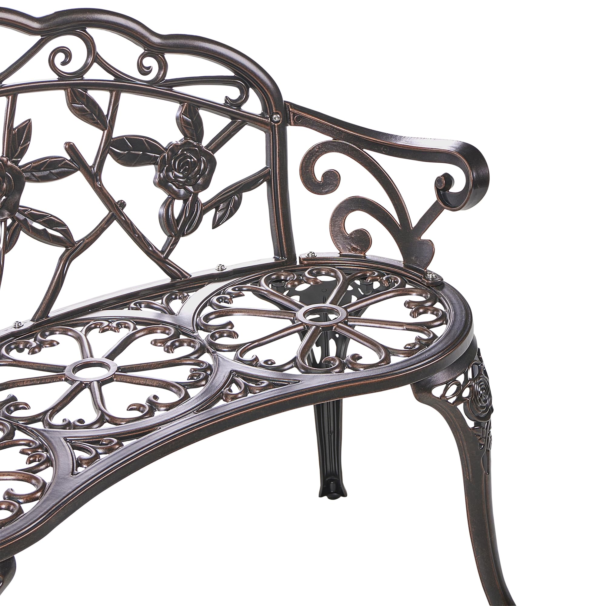 Ławka ogrodowa dwuosobowa w stylu vintage metalowa aluminium z podłokietnikami ciemnobrązowa Piura