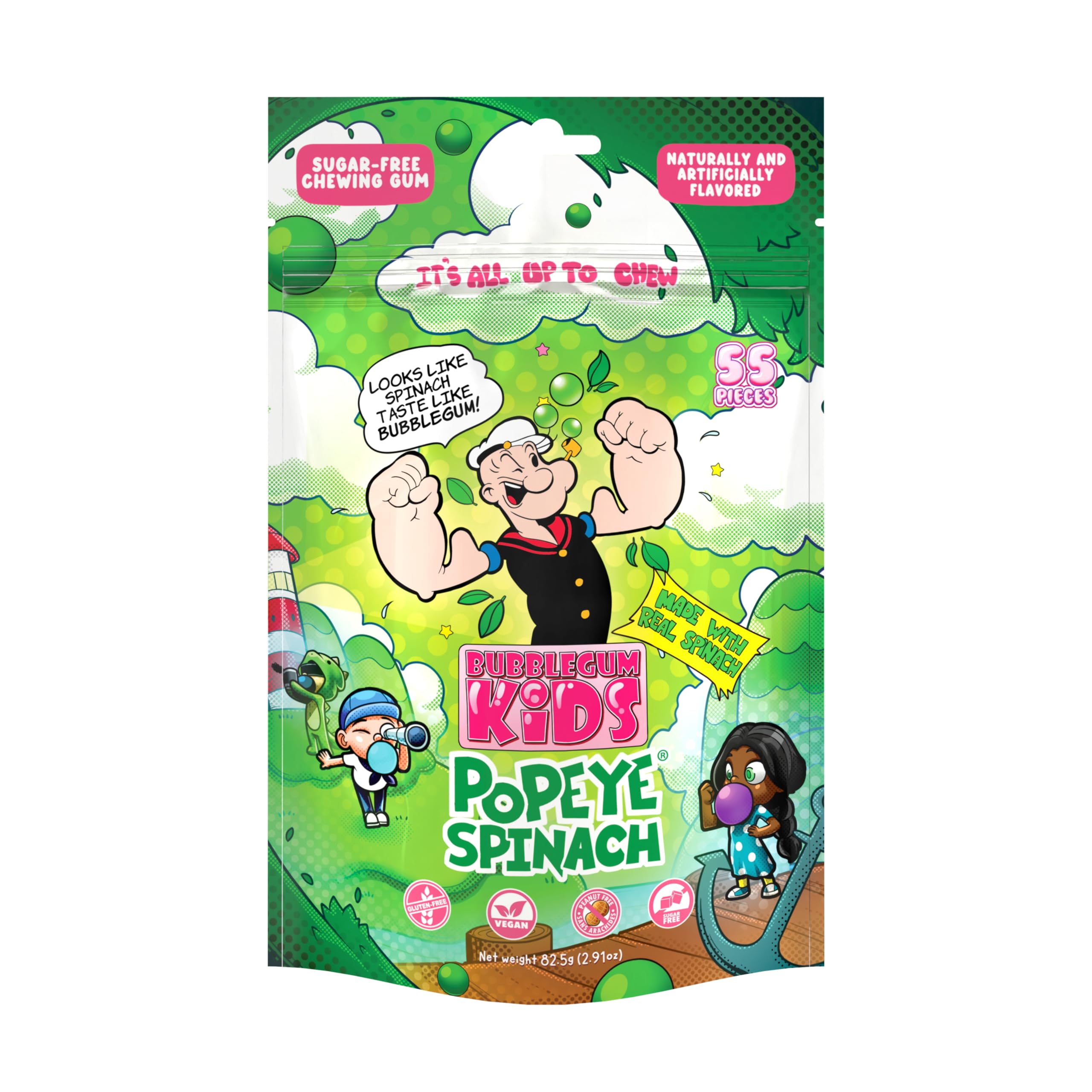 Popeye’s Spinach Sugar Free Gum by Bubblegum Kids | Stocking Stuffers, Holiday Candy, Party Favors | Topical Fruit Flavor Chewing Gum | Sugarless Gum, Vegan, Peanut Free, Candy Alternative | 1 Pack