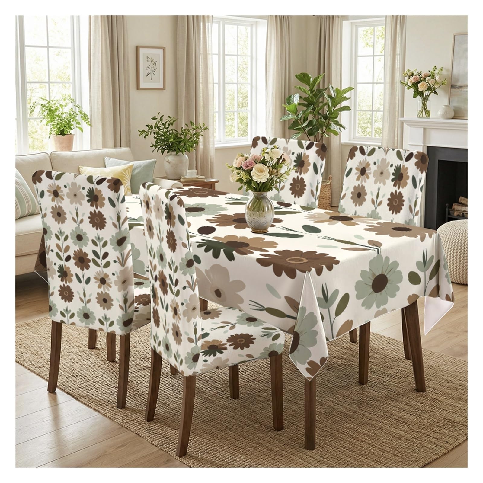 BOSUYBN Boho Neutral Earth Tone Daisy Floral Dining Tablecloth & Chair Covers Set, 5/7 Piece Minimal Modern Cottage Farmhouse Dining Decor Table Setting(5pcs Set: Tablecloth+Chair Covers)