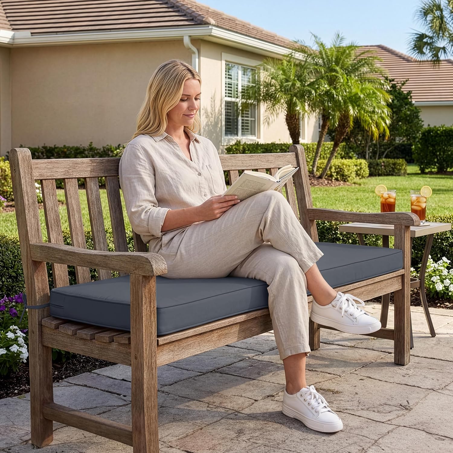summsun outdoor bench cushion: waterproof and fade resistant patio furniture cushions - non-slip bench pad cushion with removable cover for garden swing porch sofa settee, 59 x 18 inch, dark grey 59x18x3 inch dark grey