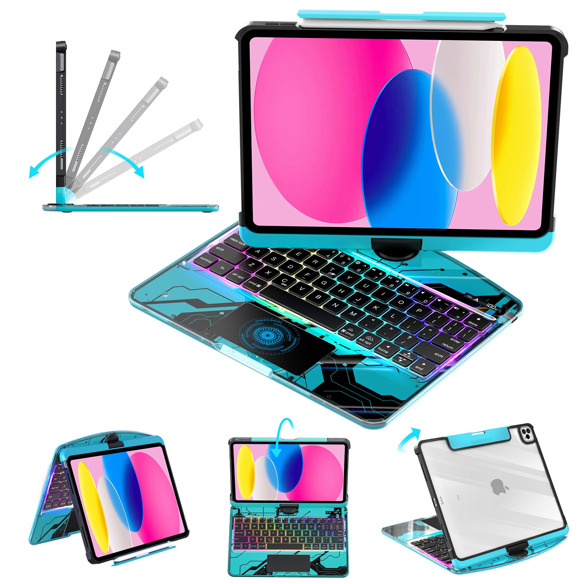 Clear Keyboard Case for iPad 10th Gen (2022/2025 10.9") &amp; 11 inch (A16) 3-Brightness, 7-Color Backlight, Trackpad Wireless Bluetooth Keyboard with 360 Rotating Stand, Pencil Holder Blue