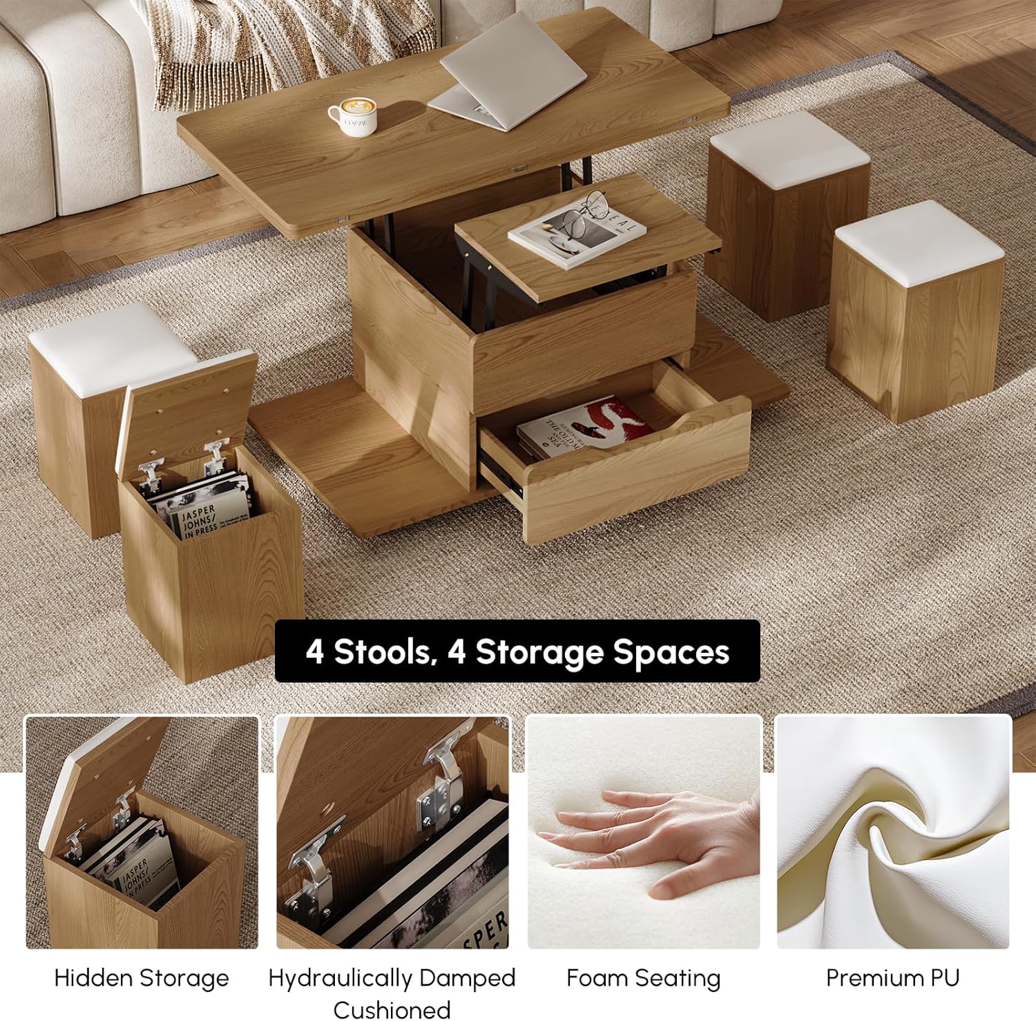 Image detailing the hidden storage within the stools, hydraulically damped cushioning, foam seating, and premium PU material.