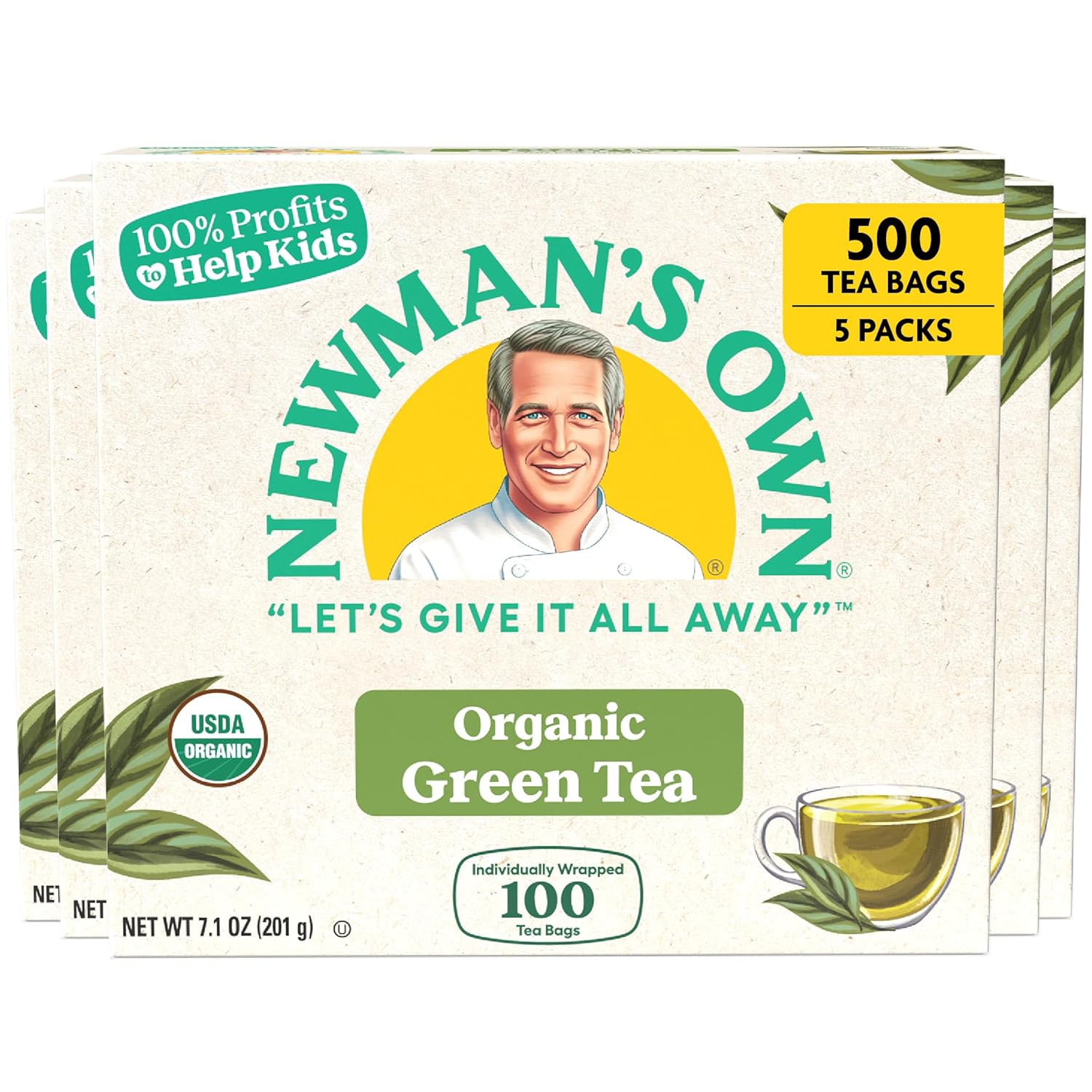 Newman's Own Organics Green Tea, 100 Individually Wrapped Tea Bags, 100 Count (Pack of 5)