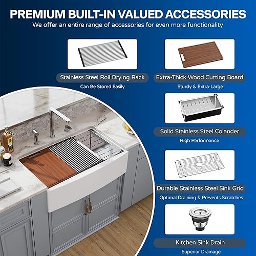 Miniatura 7 de Fregadero de cocina de granja blanco con 33 unidades de 33 x 21 pulgadas, delantal frontal de porcelana blanca de cerámica y arcilla refractaria,